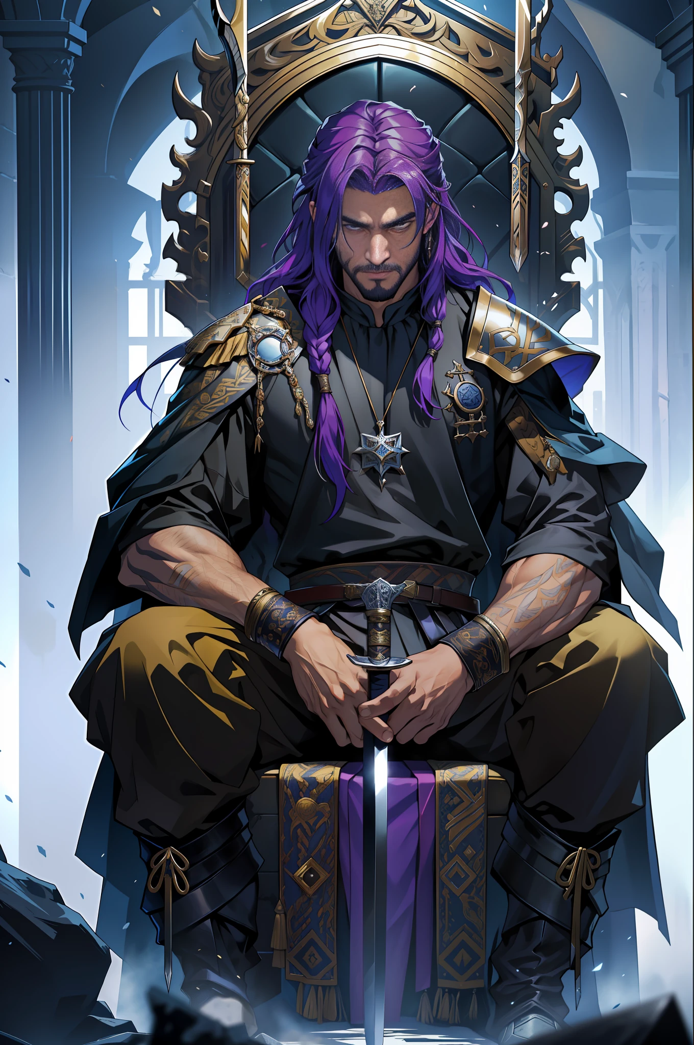 (a 30-year-old man) sitting on a throne made of swords, reminiscent of the famous thrones of the series( Game of Thrones) [".] He is seen full body, with the (camera a little away from where he is sitting), which allows you to view all his imposing bearing [".] (His eyes are a deep purple) and contrast with his (long hair entwined in purple dreads), (which run down his back) [".] His skin is of a brown hue, which highlights his strong and striking features [".] (He's dressed in black, with light fabric clothes that look luxurious.) [".] On his neck and wrists, he wears several gold necklaces and bracelets, which shine against his skin [".] The scenery in which it stands is highly detailed, with an impressive sharpness and realism, thanks to the digital illustration in 4K [".] Several elements are present that indicate a war scene in the age of the Vikings, such as burning ships, soldiers with shields and swords, and smoke [".] The throne on which he is seated is composed of swords, which gives an even more epic and imposing air to his figure [".] (The man holds a long, sharp sword in his right hand), (which has also been drawn in detail with sharpness and realism), and appears to be a Viking sword [".] His smile is mischievous, almost imperceptible, and seems to indicate that he knows secrets that no one else does. He examines his surroundings with a piercing gaze, as if he is always one step ahead of others [".] His purple dreaded hair is an important element of his appearance, and has been designed with care and attention to detail [".] (The sword is also an important part of the drawing), (and was depicted realistically and accurately) [".] The design conveys the feel of an epic battle scene, with a mix of fantasy and story elements [".] The 4K digital illustration allows you to visualize stunning details, such as the textures of the swords that make up the throne and the reflections