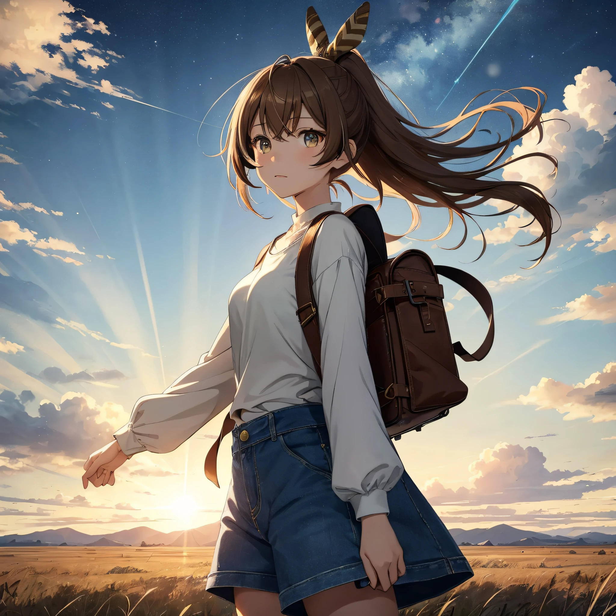(人物: Nanashi Mumei), {brown hair}, (masterpiece:1.2), 1girl, solo, The vast sky, beautiful skyline, large grasslands, extremely tense and dramatic pictures, moving visual effects, high hanging Polaris, colorful natural glare. A girl in a long-sleeved top and denim shorts with a side backpack