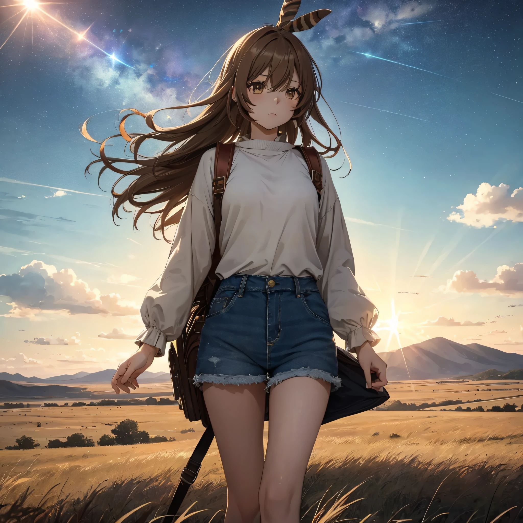 (人物: Nanashi Mumei), {brown hair}, (masterpiece:1.2), 1girl, solo, The vast sky, beautiful skyline, large grasslands, extremely tense and dramatic pictures, moving visual effects, high hanging Polaris, colorful natural glare. A girl in a long-sleeved top and denim shorts with a side backpack