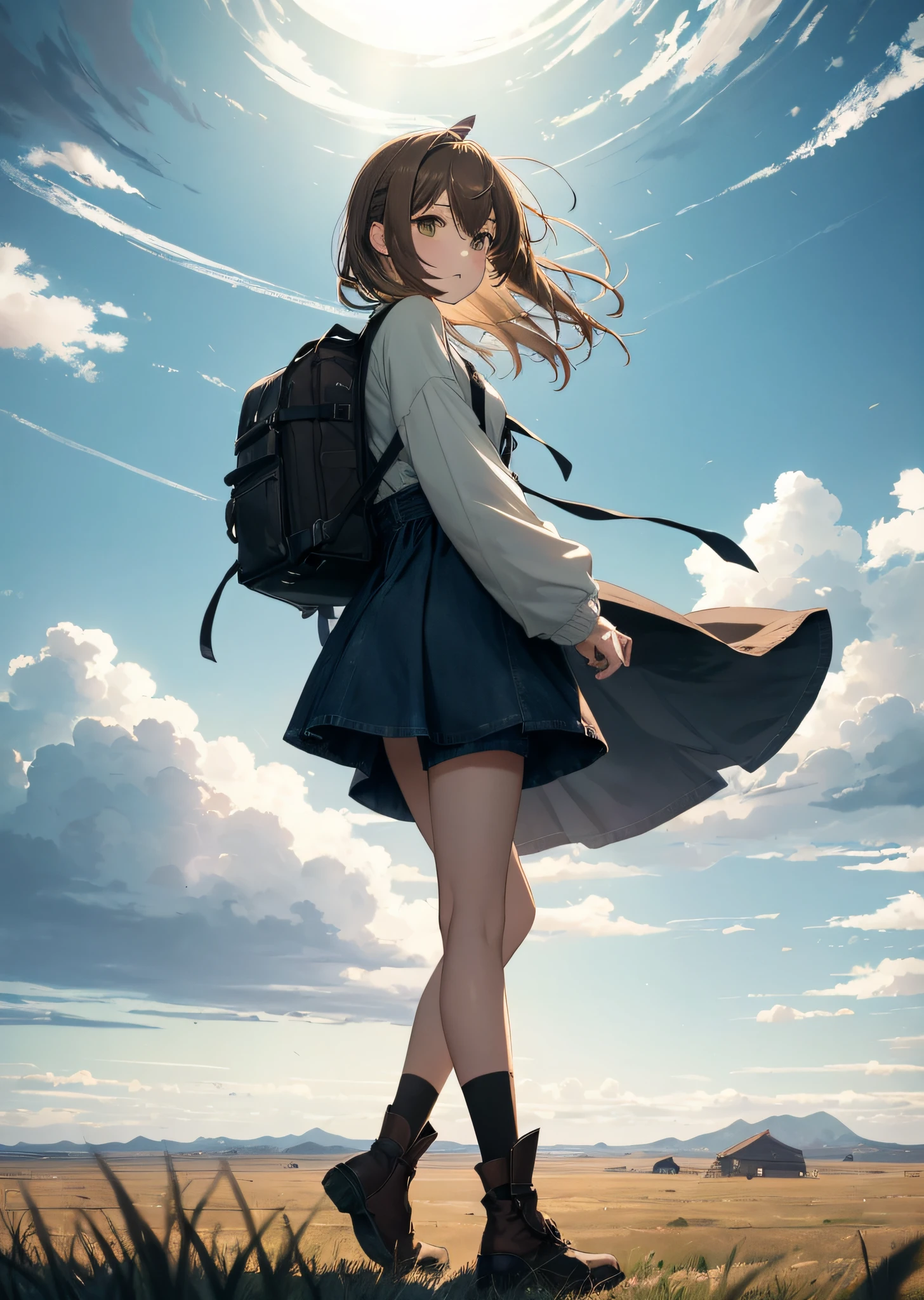 (人物: Nanashi Mumei), {brown hair}, (masterpiece:1.2), 1girl, solo, The vast sky, beautiful skyline, large grasslands, extremely tense and dramatic pictures, moving visual effects, high hanging Polaris, colorful natural glare. A girl in a long-sleeved top and denim shorts with a side backpack