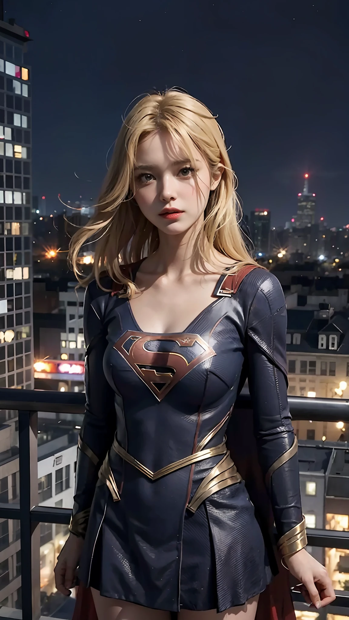 1 woman, Supergirl costume dress, medium breasts, blonde, night, city, lots of buildings
