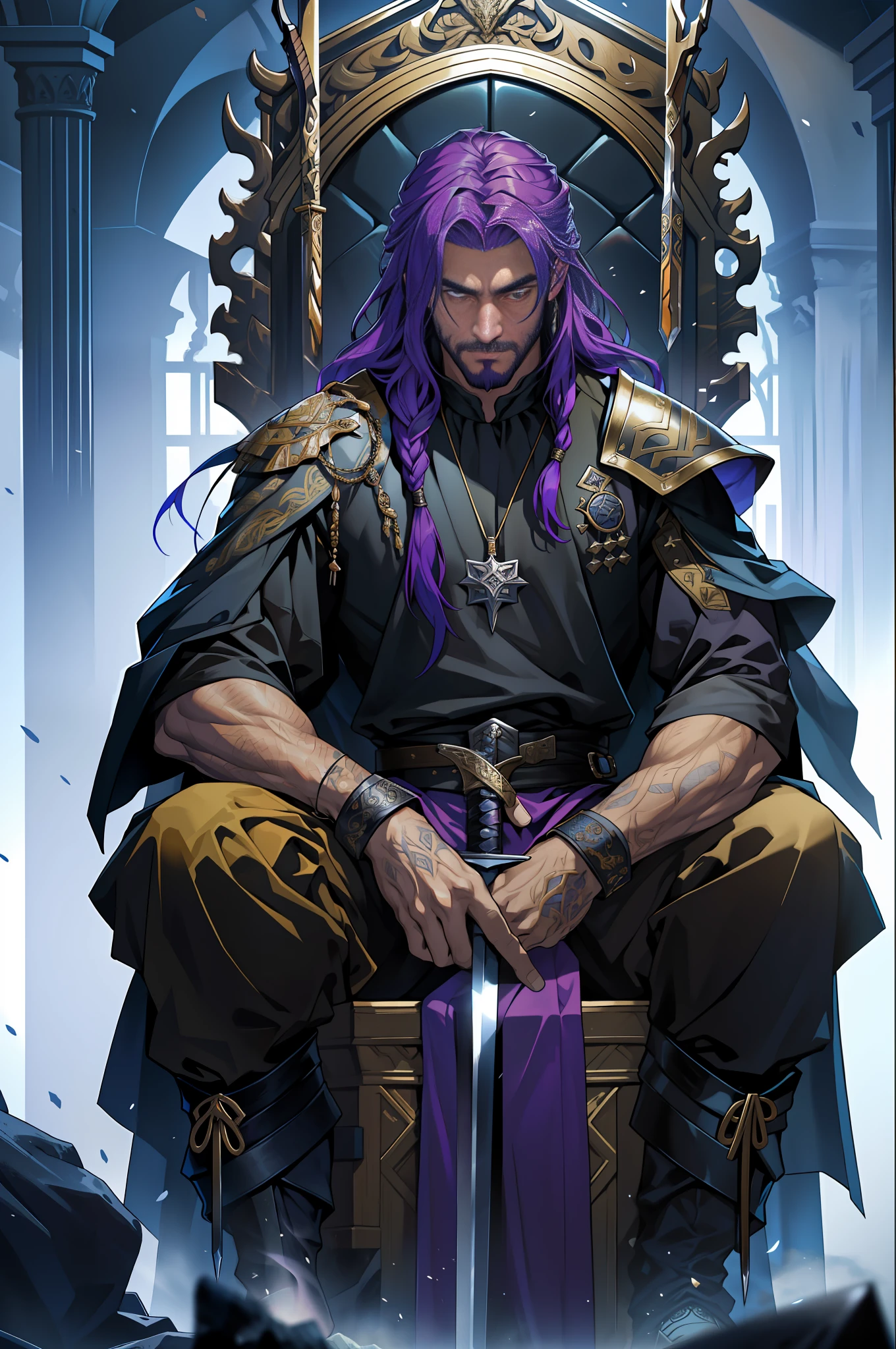 (a 30-year-old man) sitting on a throne made of swords, reminiscent of the famous thrones of the series( Game of Thrones) [".] He is seen full body, with the (camera a little away from where he is sitting), which allows you to view all his imposing bearing [".] (His eyes are a deep purple) and contrast with his (long hair entwined in purple dreads), (which run down his back) [".] His skin is of a brown hue, which highlights his strong and striking features [".] (He's dressed in black, with light fabric clothes that look luxurious.) [".] On his neck and wrists, he wears several gold necklaces and bracelets, which shine against his skin [".] The scenery in which it stands is highly detailed, with an impressive sharpness and realism, thanks to the digital illustration in 4K [".] Several elements are present that indicate a war scene in the age of the Vikings, such as burning ships, soldiers with shields and swords, and smoke [".] The throne on which he is seated is composed of swords, which gives an even more epic and imposing air to his figure [".] (The man holds a long, sharp sword in his right hand), (which has also been drawn in detail with sharpness and realism), and appears to be a Viking sword [".] His smile is mischievous, almost imperceptible, and seems to indicate that he knows secrets that no one else does. He examines his surroundings with a piercing gaze, as if he is always one step ahead of others [".] His purple dreaded hair is an important element of his appearance, and has been designed with care and attention to detail [".] (The sword is also an important part of the drawing), (and was depicted realistically and accurately) [".] The design conveys the feel of an epic battle scene, with a mix of fantasy and story elements [".] The 4K digital illustration allows you to visualize stunning details, such as the textures of the swords that make up the throne and the reflections