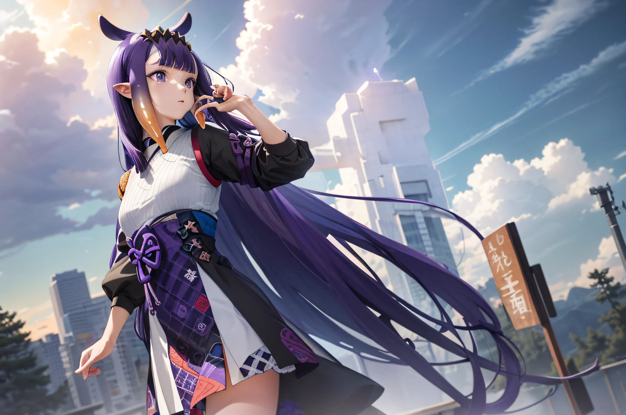(人物: Ninomae Ina'Nis), {purple hair}, tentacle hair, purple eyes, absurdres, highres, (official art, beautiful and aesthetic:1.2), close view,
shining sky, vast world, girl, gazing, awe-inspiring expression, distant horizon, clouds, high hill, natural beauty, inspiration, light effects,
