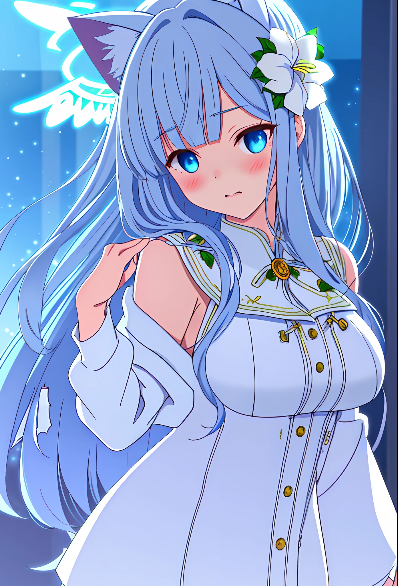 (sunaookami shiroko:1.2), {{{{masterpiece, extremely detailed, intricate details, soft focus, 8K, highres, depth of field, absurdres, high quality facial shadowing, dynamic shadowing, extreme shaders, cinematic lighting, perfect lighting, soft lighting, hazy lighting, blurry foreground, lens flare}}}}, best quality, asian qualities, {front view}, (solo:1.2), (beautiful young girl:1.3), high school girl, {{{extremely detailed girl, perfect anatomy, perfect body}}}, (detailed neon angel halo:1.4), bright blue double halo, (beautiful-detailed hair:1.3), dark silver hair, luscious curly hair, (hair splayed out:1.2), beautiful-detailed facial structure, detailed beautiful face:1.3, sexy face, cute face, slender facial structure, (detailed face:1.33), (beautiful-detailed eyes:0.7), big eyes, (detailed eyes:1.2), glowing bright blue eyes, cat eyes, (detailed cat ears:1.3), neon silver blue cat ears, (detailed wings:1.4), small white angel wings, (detailed boobs:1.3), small size boobs, (detailed facial expression:1.1), shy, slightly open mouth, detailed red blush, shy hand gesture, (detailed hair ornament:1.3), (white flower side hair ornament:1.3), (winter school uniform:1.3), beautiful-detailed pure white off-shoulder fluffy school jacket, (detailed sun-dress:1.3), beautiful-detailed white strapless short skirt-dress, winter night, (enhanced background:1.4), snow falling at midnight with clear skies overhead, snow on sidewalks with Christmas lights on tree's surrounded the viewer, (cowboy shot:1.1), hazy photo, (warm photo:1.3)