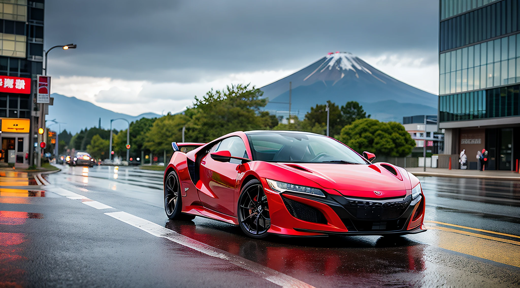 Realistic illustration of B-Eller-Redatetona SP3 in Berlin, Germany. Noon time and rainy weather. Ultra Detail, 8K, HDR, Octane Rendering, Redshift, Unreal Engine 5. Professional color grade, atmosphere, amazing depth, rich colors, powerful images, psychedelic overtones, 4K, 8K. Honda NSX2000 Concept Near Future Design, Innovative Cyberpunk Design, Tokyo, Mt. Fuji View,