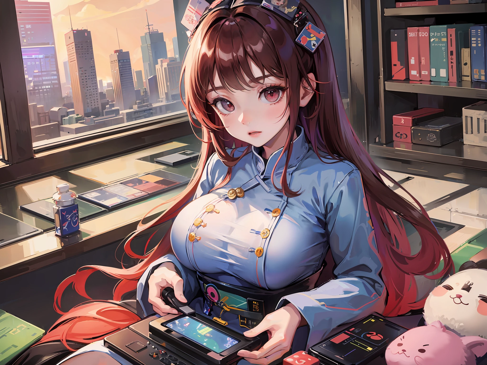 1girl, wear aodai, play console game, official art, best quality ,8k , trend on pixiv, big breasts, look away, focus, playing game, play ps5 game, serious, ((chibi style)), hands hold a controller