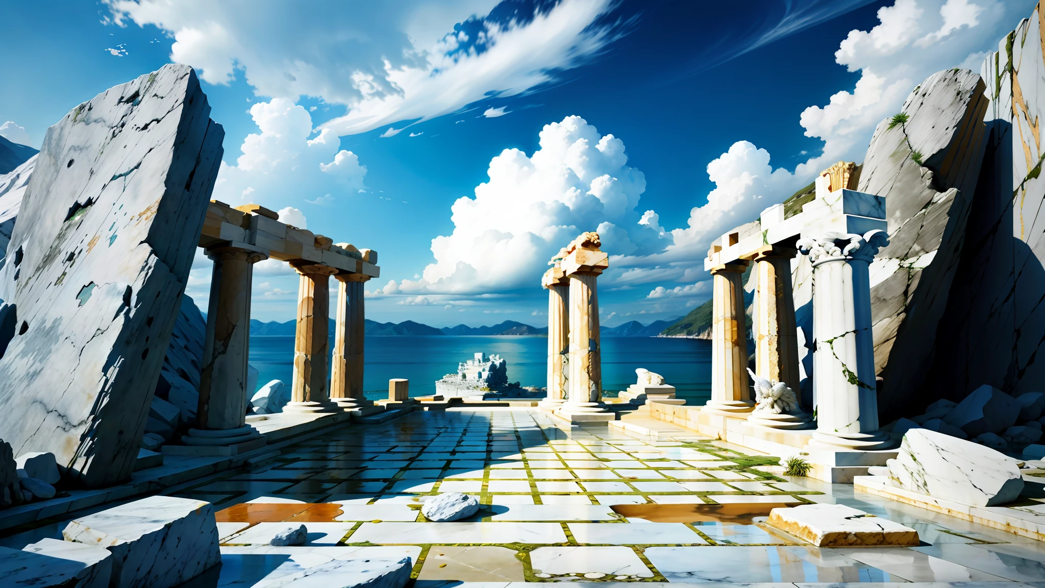 rocky platform, marble with clouds underneath, clouds surrounding the bottom of the platform, god Hermes, Greek mythology