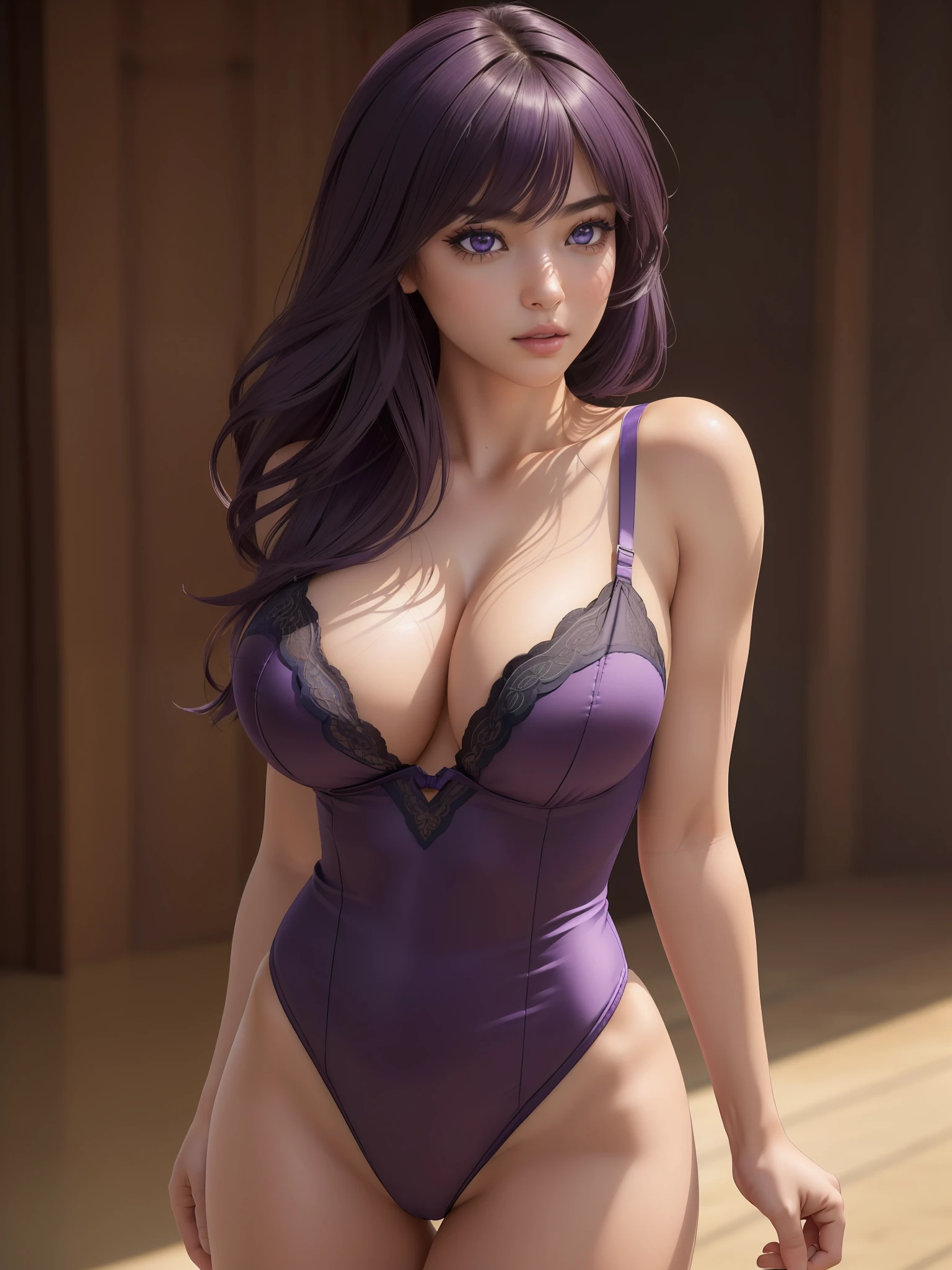 japanese, (1girl, solo:2), goddess, rabbit ears, ({standing, arms behind waist}:1.5), ({lingerie, leotards, no bra}:1.5), ({masterpiece, best quality, realistic, photography, RAW, Nikon, 85mm, real life, sharp focus, 8k UHD, photo realistic, high resolution, ultra-detailed, anatomically correct, super detail, award winning, highres, 1080P, 16k, 8k, 4K, HD, normal lighting, natural light, natural shadow}:1.4), (clarity:1.1), ({extremely detailed realistic hair, beautiful realistic hairstyle, realistic dark purple hair}:1.3), ({beautiful realistic face, extremely detailed realistic face}:1.3), ({realistic purple eyes, extremely detailed realistic eyes, perfect eyes, eye-level shot, extremely detailed realistic pupils, detailed realistic retina, extremely detailed realistic eyelashes}:1.5), ({detailed realistic lips, beautiful realistic lips}:1.3), ({perfect body, proportional anatomy, upper body from head to thighs, slender abs}:1.5), ({proportional realistic breasts, realistic big breasts}:1.3), ({detailed realistic skin, realistic natural skin color, natural skin texture}:1.4),