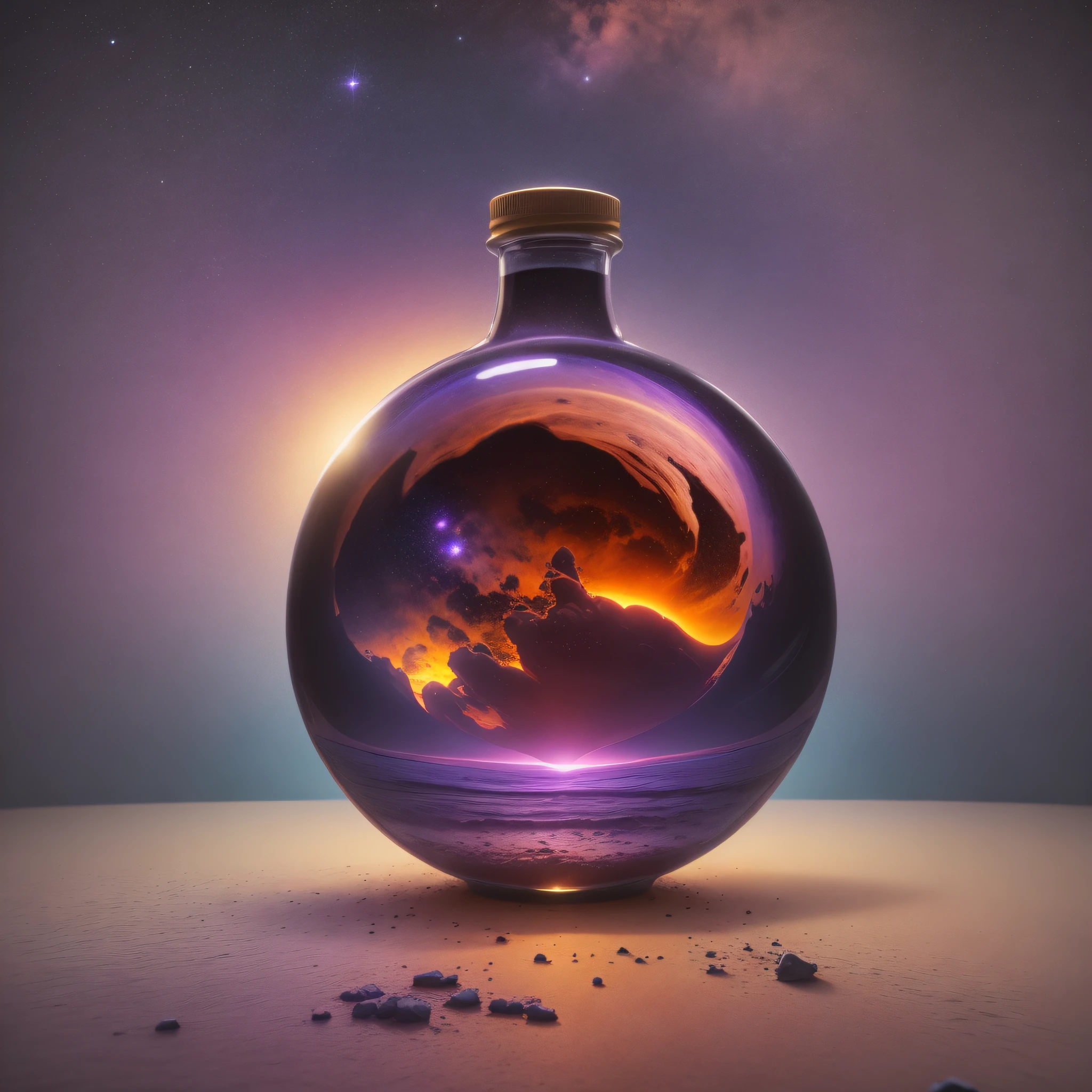 View of a red planet from inside a glass bottle in a purple, yellow and blue world. Neon colors. --auto --s2