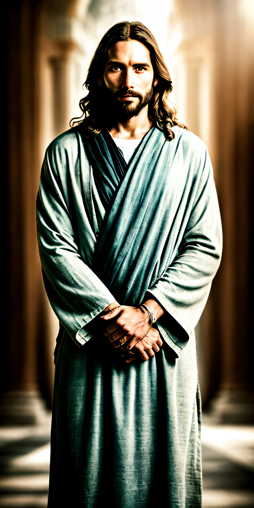 image of a man with long hair and beard in a robe, wearing cross on robe, arms rolled up, hands crossed, dressed like Jesus Christ, Jesus Christ, arms crossed, wearing only a brabco robe, arms crossed on the chest, arms crossed, by Matthias Weischer, wearing dark robe, wearing robe, arms crossed, wearing a long realistic flowing robe --auto --s2