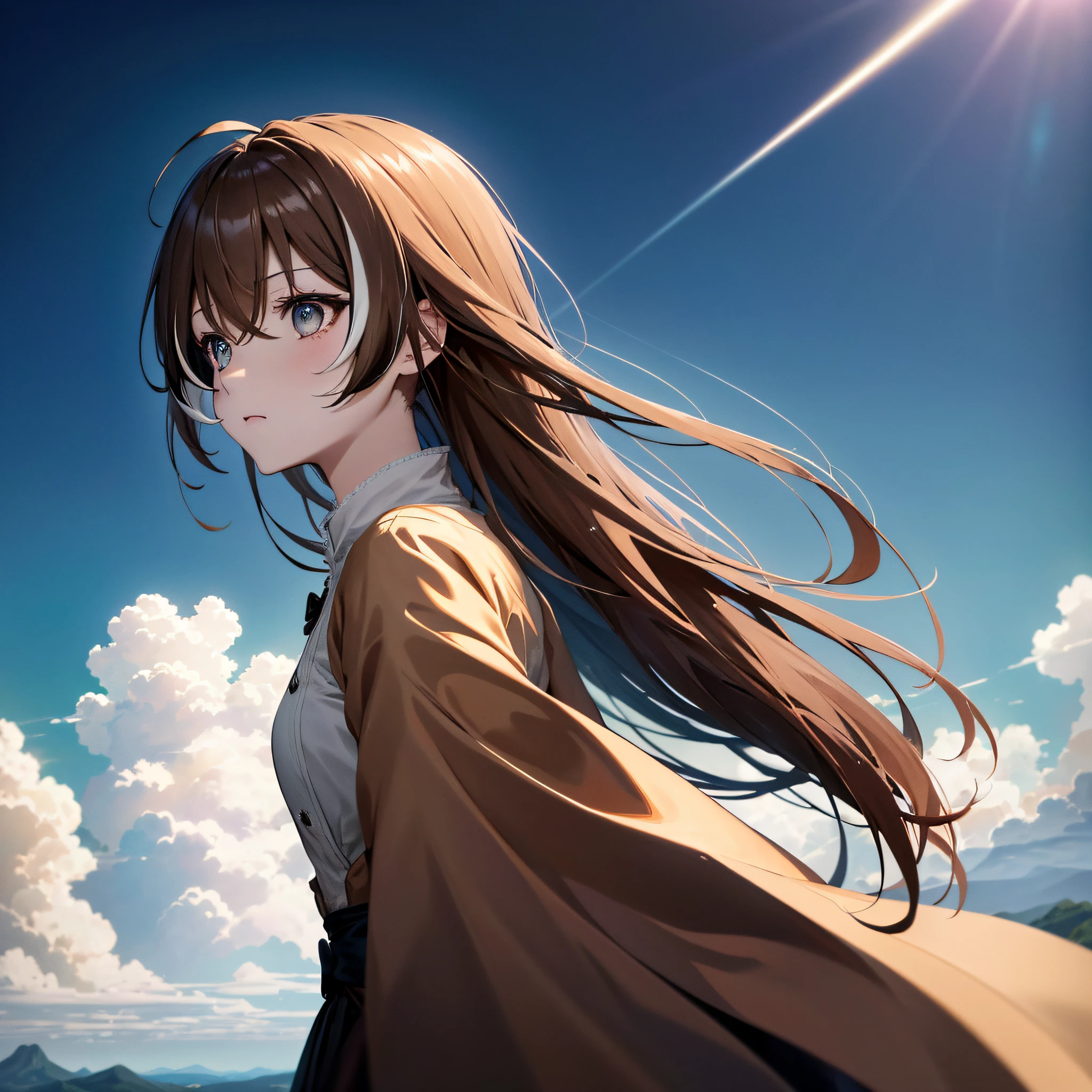 (人物: Nanashi Mumei), {brown hair},  absurdres, highres, (official art, beautiful and aesthetic:1.2), close view,
shining sky, vast world, girl, gazing, awe-inspiring expression, distant horizon, clouds, high hill, natural beauty, inspiration, light effects,