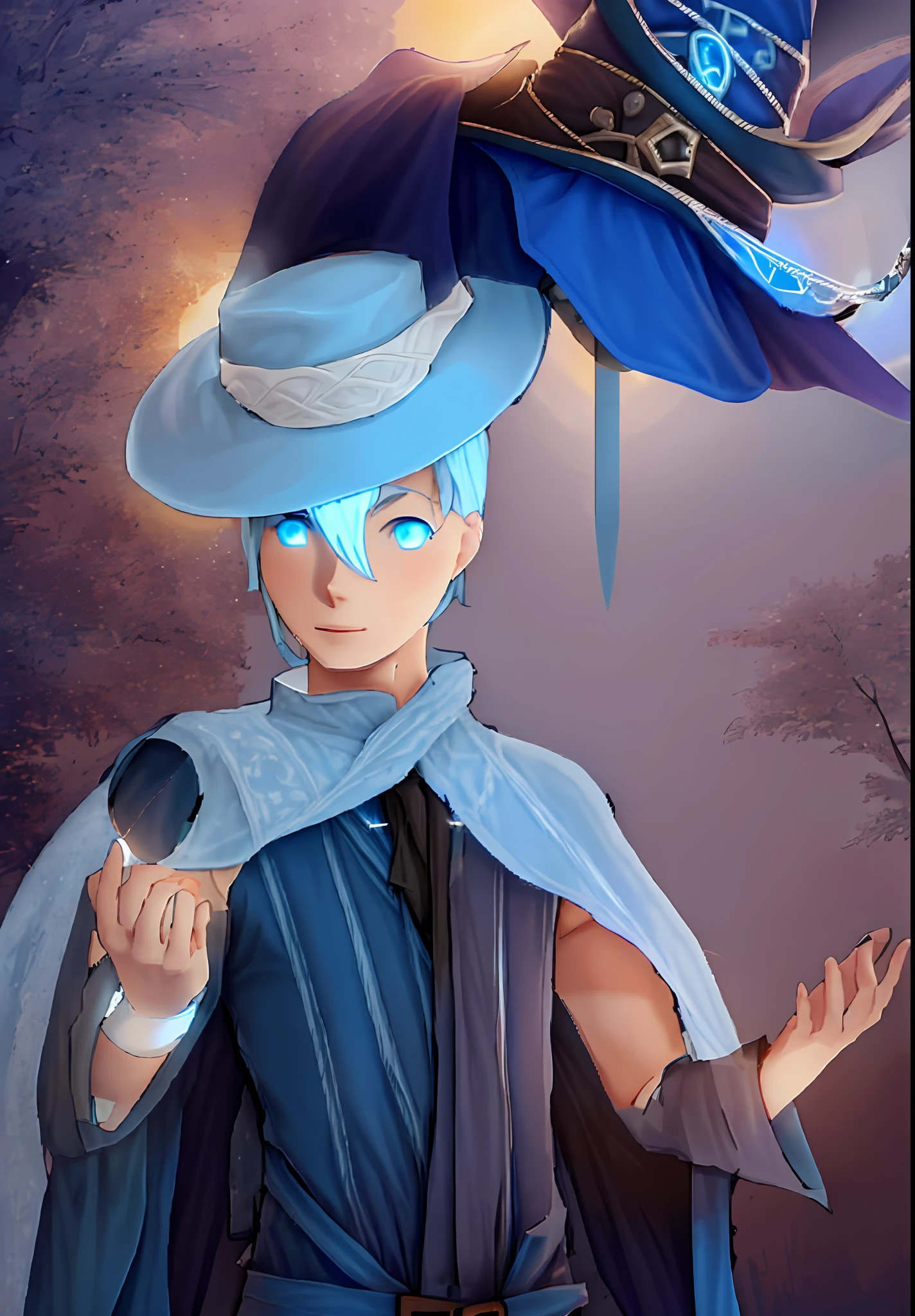 a drawing of a man in a hat and cape, t-pose of wizard, wizard pondering his orb, half summoner half megumin, t-pose of male magician, holding a pose of prudishness, a sorceress of blue energy, young wizard, pose gesture of pudica, character with a hat, perfect lineart,bright light blue hair,light blue eye,dark blue hat being illuminated by the sun, dark blue mantle,light blue brusa,