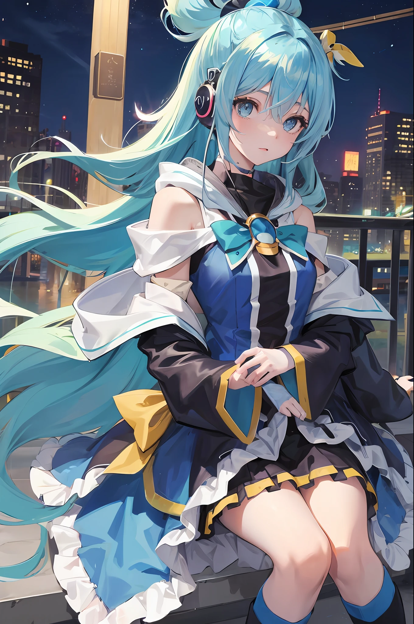 1 menina_aqua_konosuba, hood, blue hair, extra long hair, off shoulder, feather hair ornament, blue eyes, headphones around neck, city, night, outdoor