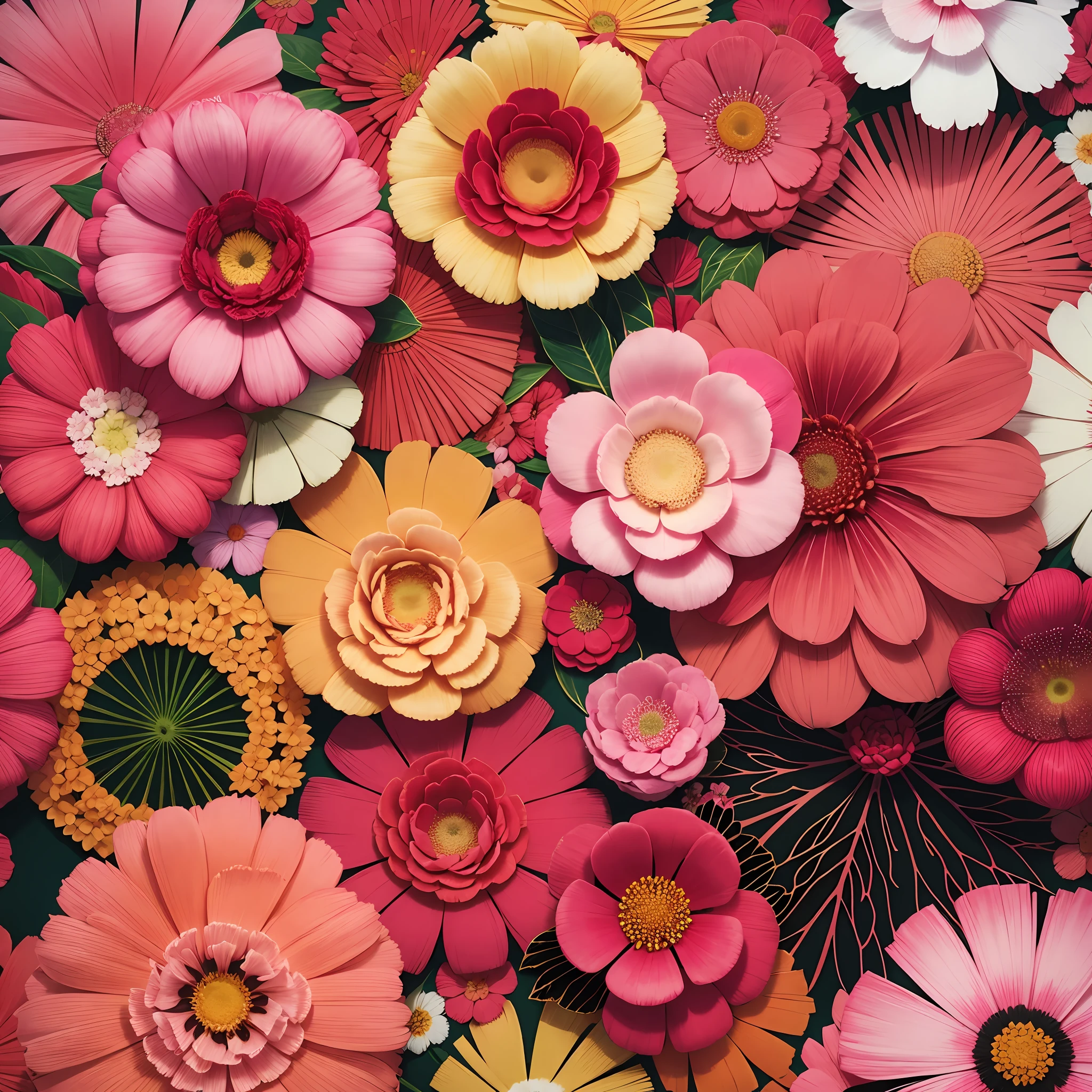 Florals pink red yellow, white background