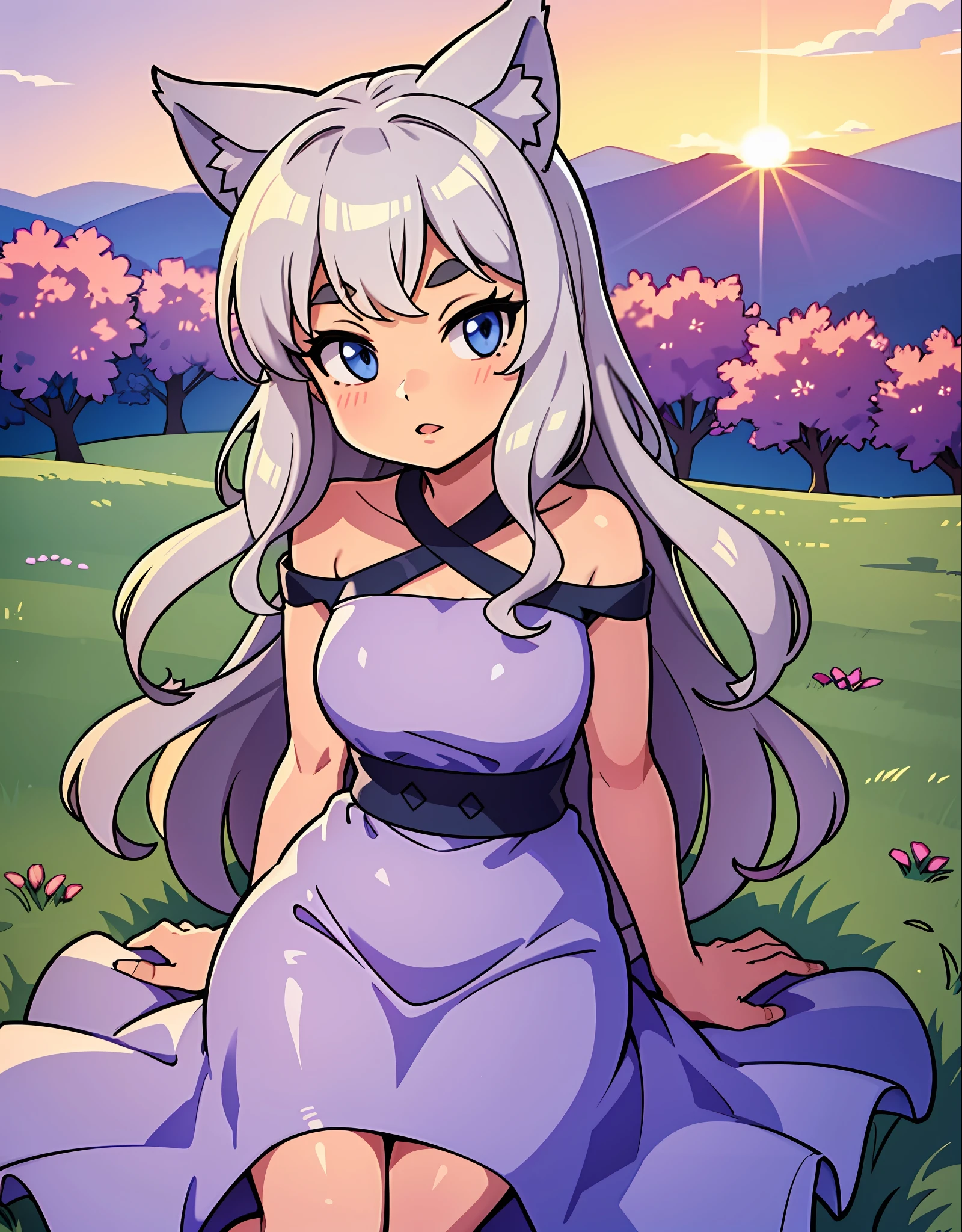 A single girl in the photo, full body, cute Wolf girl, light gray hair and gray Wolf ears, cute cheeks, purple round dress, children's dress, is sitting in a field of violet flowers and yellow grasses at sunset, late afternoon, rounded eyes, brown skin, almost red brown skin, short hair, curly hair, straight hair,  wavy hair short and rounded nose, dark blue eyes rounded and large, medium and semi-wide lips, narrow and rounded face, rounded low arch eyebrow, Latin skin