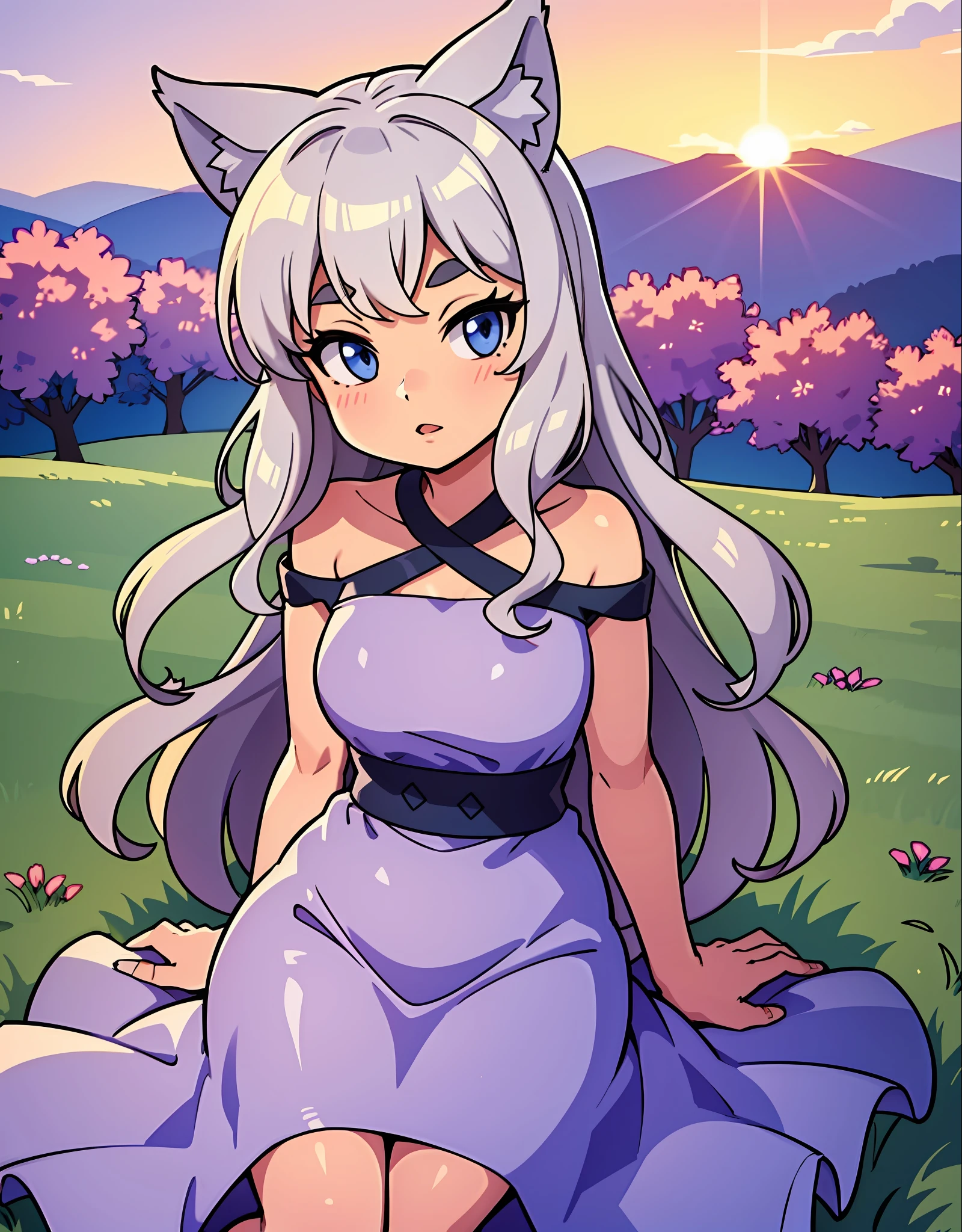 A single girl in the photo, full body, cute Wolf girl, light gray hair and gray Wolf ears, cute cheeks, purple round dress, children's dress, is sitting in a field of violet flowers and yellow grasses at sunset, late afternoon, rounded eyes, brown skin, almost red brown skin, short hair, curly hair, straight hair,  wavy hair short and rounded nose, dark blue eyes rounded and large, medium and semi-wide lips, narrow and rounded face, rounded low arch eyebrow, Latin skin