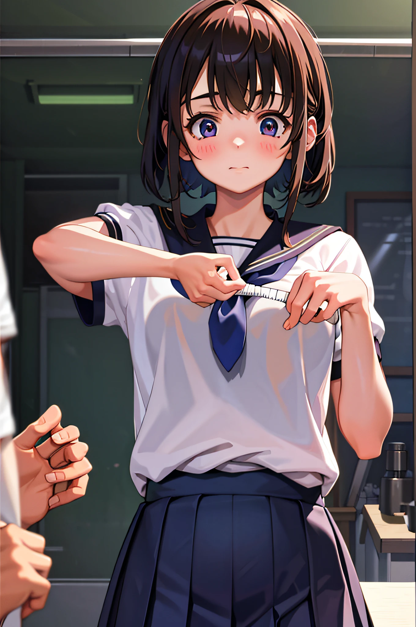 Masterpiece, best quality, 1 girl, bust, tape measure, looking at the audience, pov, pov hands, upper body, school uniform, indoors, gym