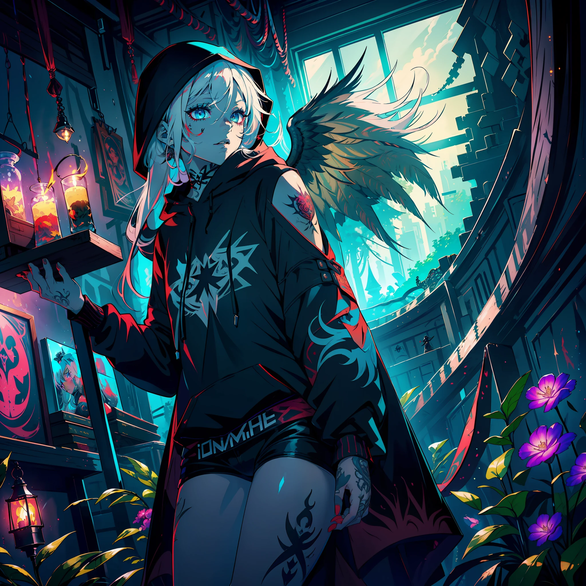 (Hyper detailed) (high resolution), (dark scene), (Girl doing ritual) ((((black hood))), tattoos, candles, pentagram, bright red, books, intense dark shadows, vibrant and contrasting colors, long light green hair, crystalline blue eyes, dilated pupil, blush, decorations, large black and white wings, floating feathers, ((half of the white hair and the other half black)), ((bright tattoos)), ((bright tattoos)), fantasy, mystery, enchanted,  black magic, intricate details, trend in artstation, top rated on Pixiv, debut, (64k), Extremely beautiful girl in a village, long violet hair, gradient hair, backpack, construction machines, motion blur, red light and clouds from the floor of the machine, Trending at artstation headquarters, 4K, UHD, high quality.