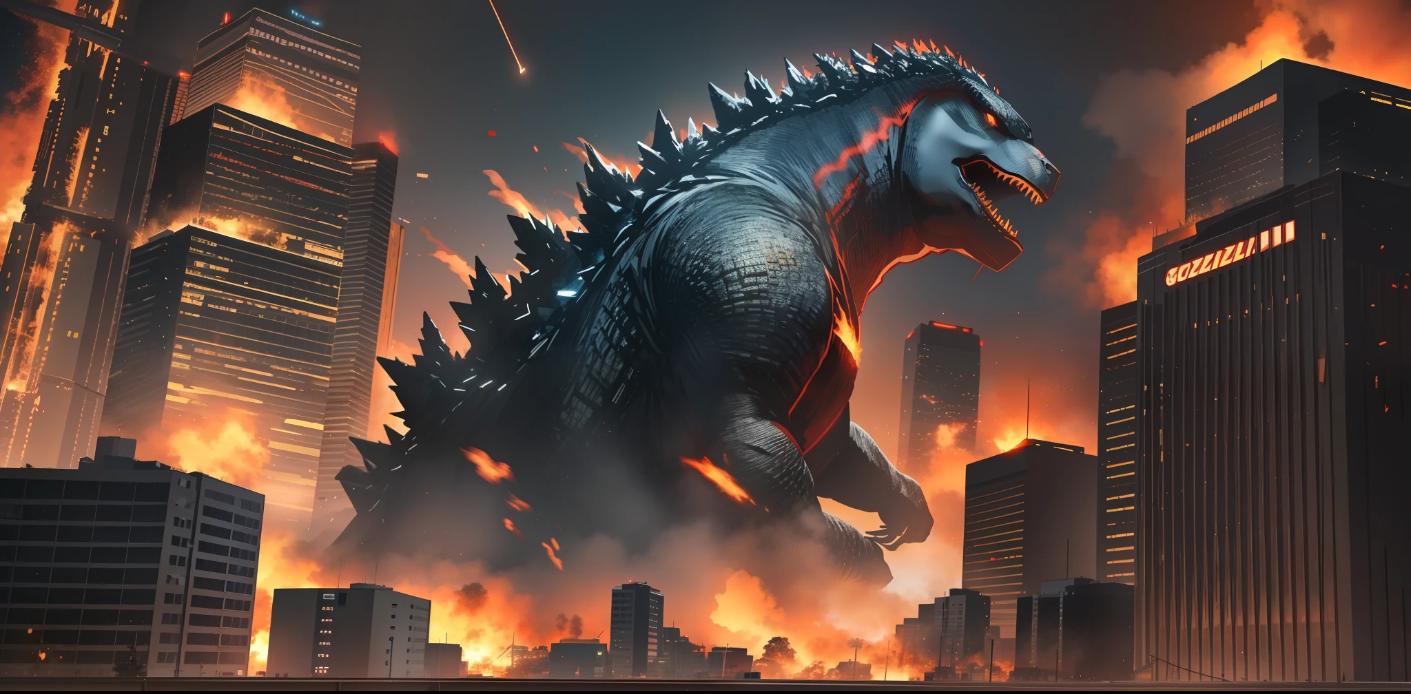 Cinematic scene of Godzilla in Tokyo destroying buildings, bottom-up view with flame and destruction effects, highly detailed and realistic, using volumetric lighting, ray tracing and fxaa, high resolution 8k, impactful scene
