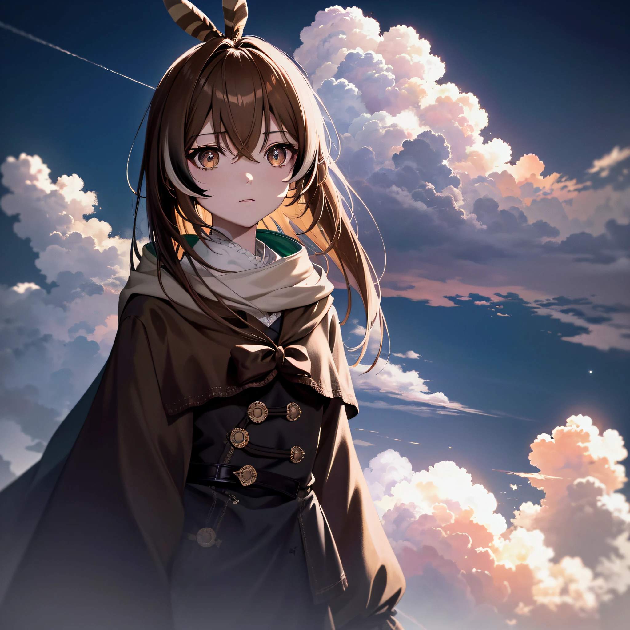 (人物: Nanashi Mumei), {brown hair}, absurdres, highres, (official art, beautiful and aesthetic:1.2), close view,
shining sky, vast world, girl, gazing, awe-inspiring expression, distant horizon, clouds, high hill, natural beauty, inspiration, light effects,