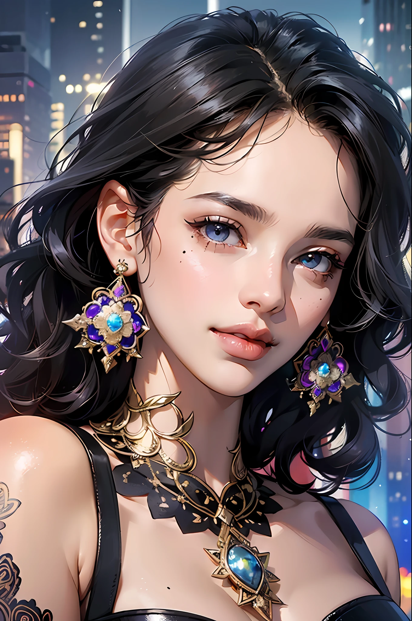 (masterpiece, best quality, ultra-detailed, highres, best illustration), perfect face, black eye side lighting, glossy skin, (bloom), (brightness), ray tracing, 1girl, fair skin, light-skinned female, solo, jewelry, very light skin, earrings, mole, blue background, smile, looking at the viewer, soft under the mouth, black hair, black eyes, curly hair, bare shoulders, makeup, shadow, split lips, star \(symbol\), watermark, rim earrings, depth_of_field, city background, very detailed background, extreme light and shadow, beautiful detailed eyes, perfect lighting, perfect anatomy, (extremely detailed illustrated wallpaper 8k), vivid colors, (zentangle, mandala, tangled, tangled: 0.6), extreme light and shadow, bloom, glow, dynamic angle, --auto --s2