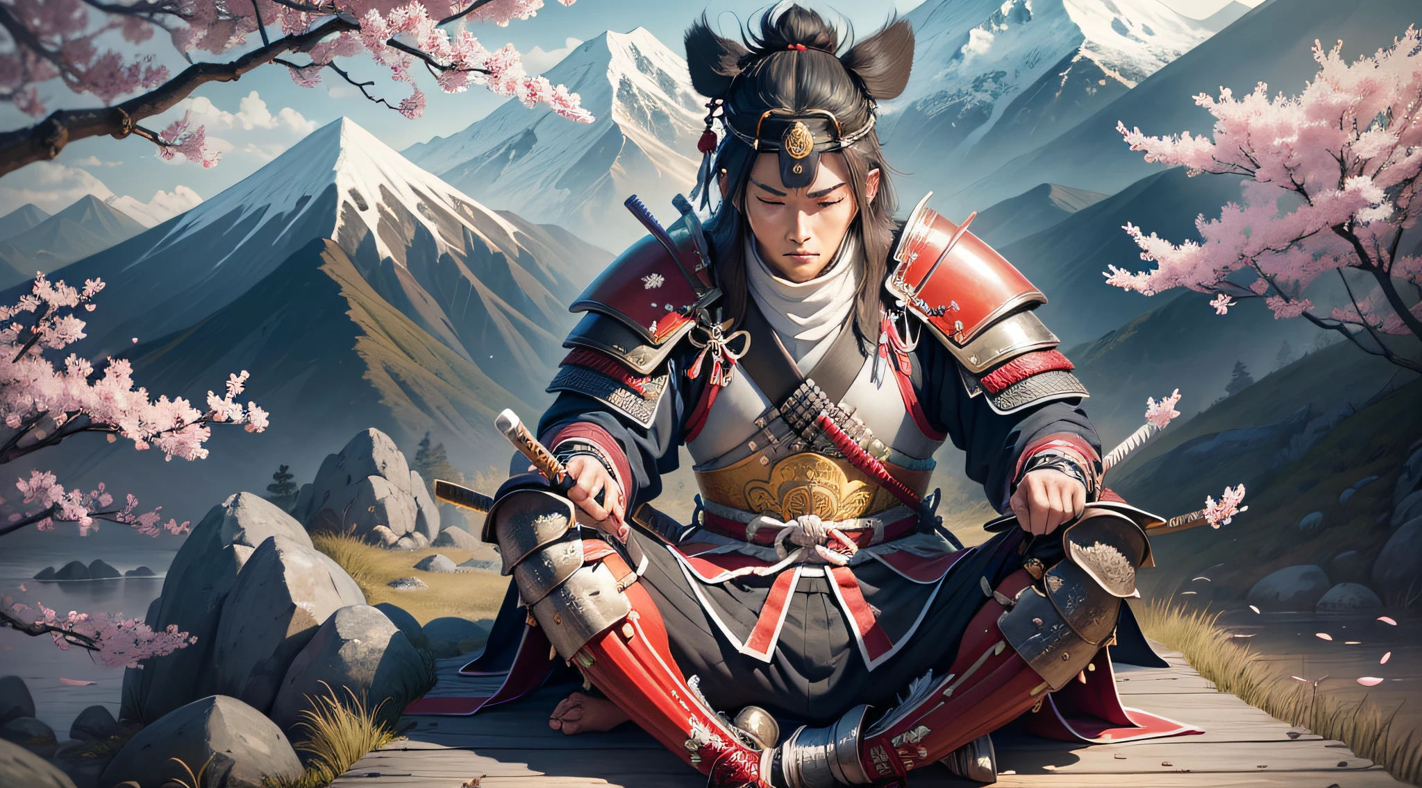 Cartoon of a samurai sitting in a meditation position, with his legs crossed and his eyes closed. He is in traditional samurai armor, with a katana at his side. In the background, there is a tranquil setting with cherry blossoms and mountains in the distance. The samurai emanates an aura of calm and serenity as he connects with his mind and body. --auto --s2