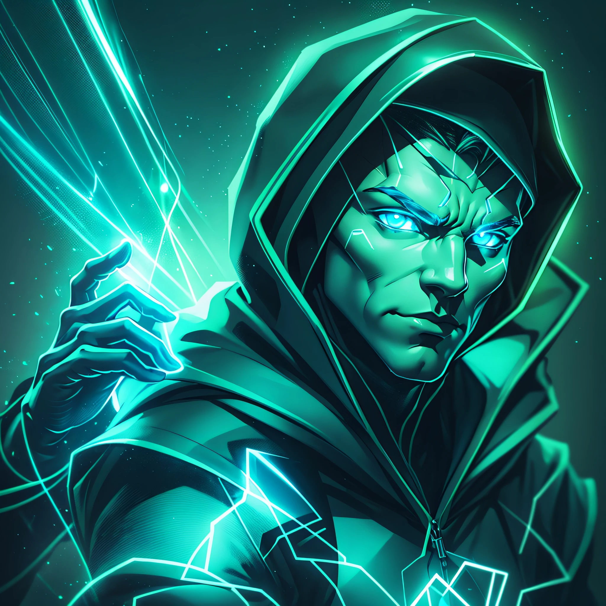 shape of a man, with green hood, dark, and blue neon --auto --s2