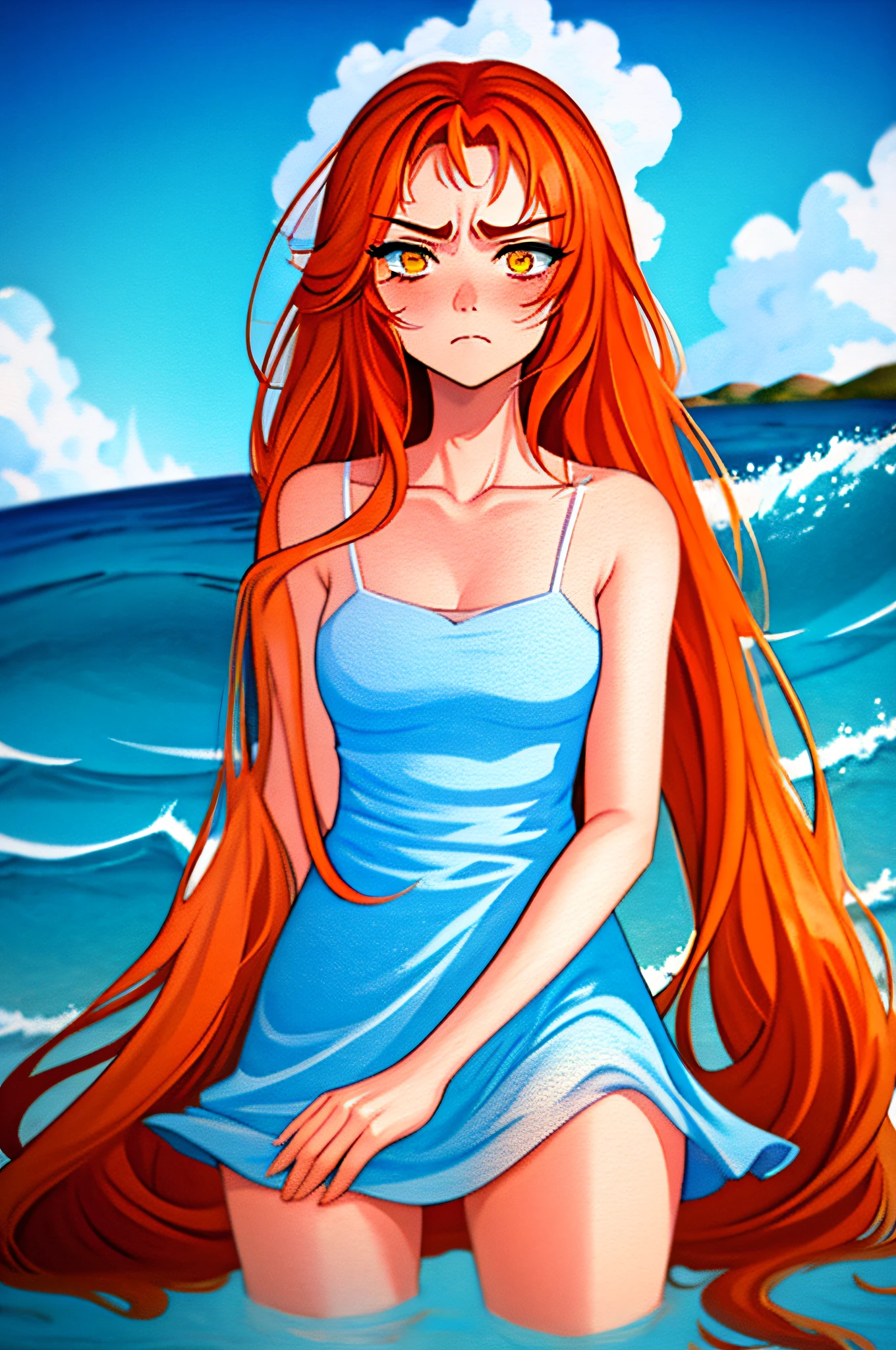 (masterpiece, best quality), ((long hair, frown)), sitting, (1girl, solo), Ishmael_limbus, orange hair, detailed face, close up, bare arms, bare shoulders, collarbone, watercolor, full body, standing, sundress, liquid clothes, water, waves, tsunami, tide, sea, water dress,