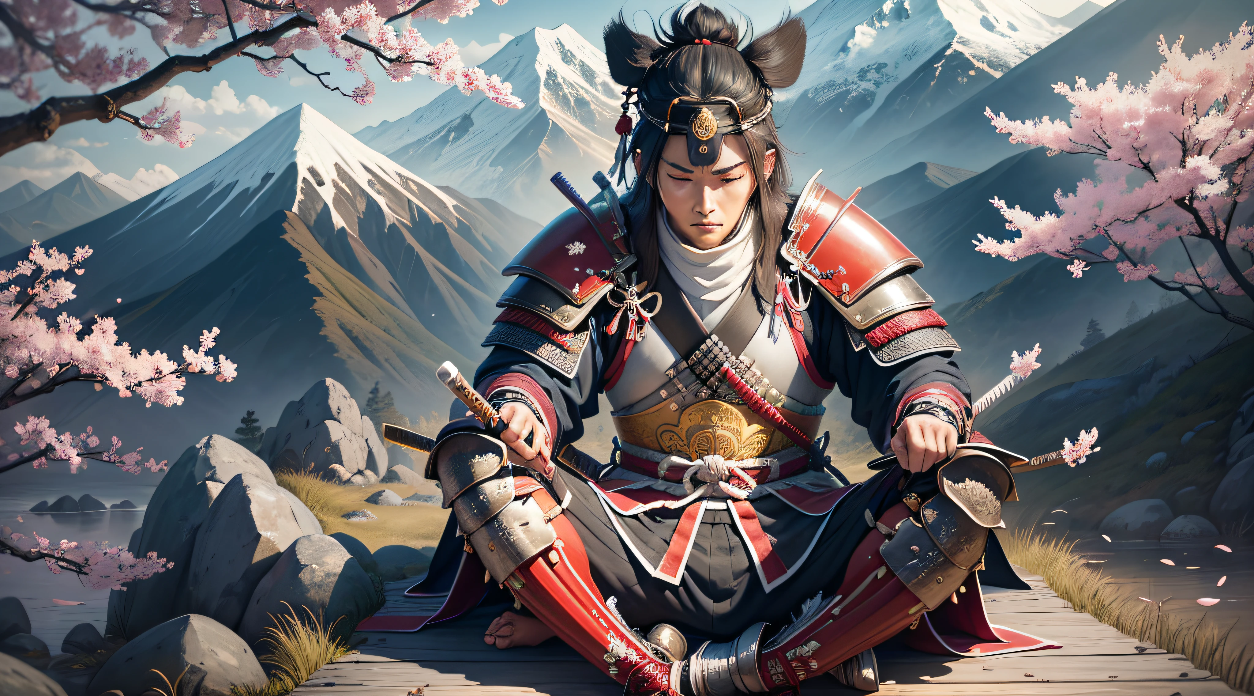 Cartoon of a samurai sitting in a meditation position, with his legs crossed and his eyes closed. He is in traditional samurai armor, with a katana at his side. In the background, there is a tranquil setting with cherry blossoms and mountains in the distance. The samurai emanates an aura of calm and serenity as he connects with his mind and body. --auto --s2
