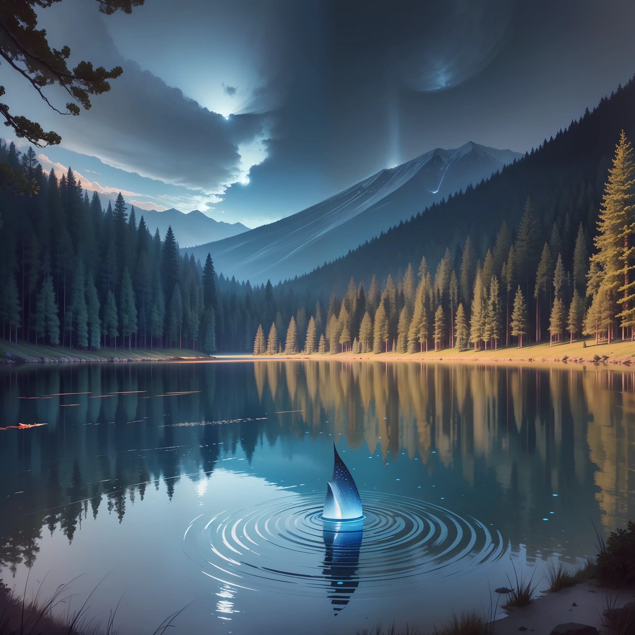 Midnight, fantastic, very blue, quiet lake in the forest, lake surface shining in the moonlight, fantastic, you can see the shadow of a huge fish in the center of the lake, fish scales reflecting the moonlight