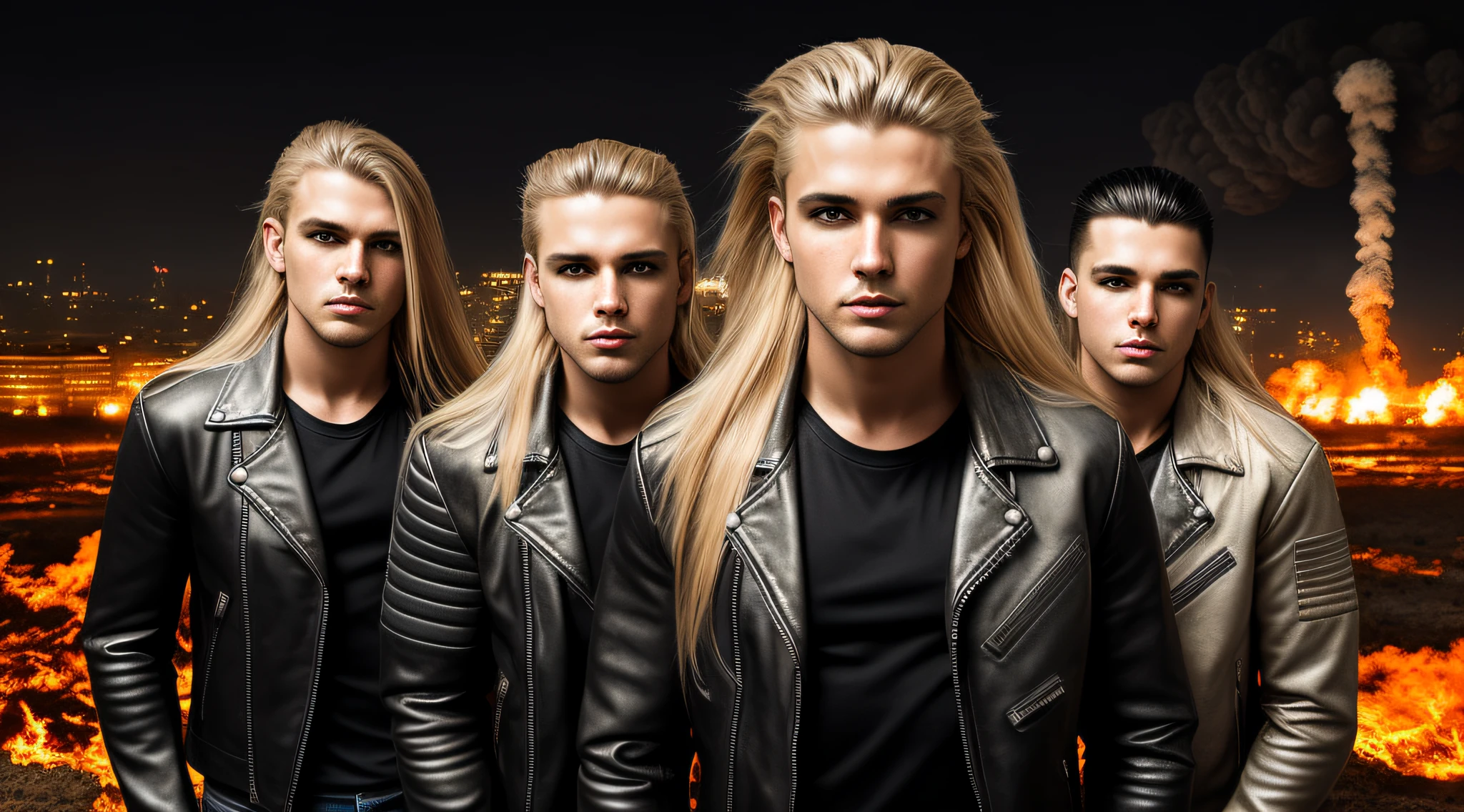 RAW, Award-winning Glamour photography of 3 three boys leather jacket black t-shirt and jeans, long blonde hair,close up, portrait, hyper-detailed, camouflaged, post-apocalyptic, nuclear Armageddon, burning cityscape background at night, sandy, dirt, mushroom cloud, swollen, erect