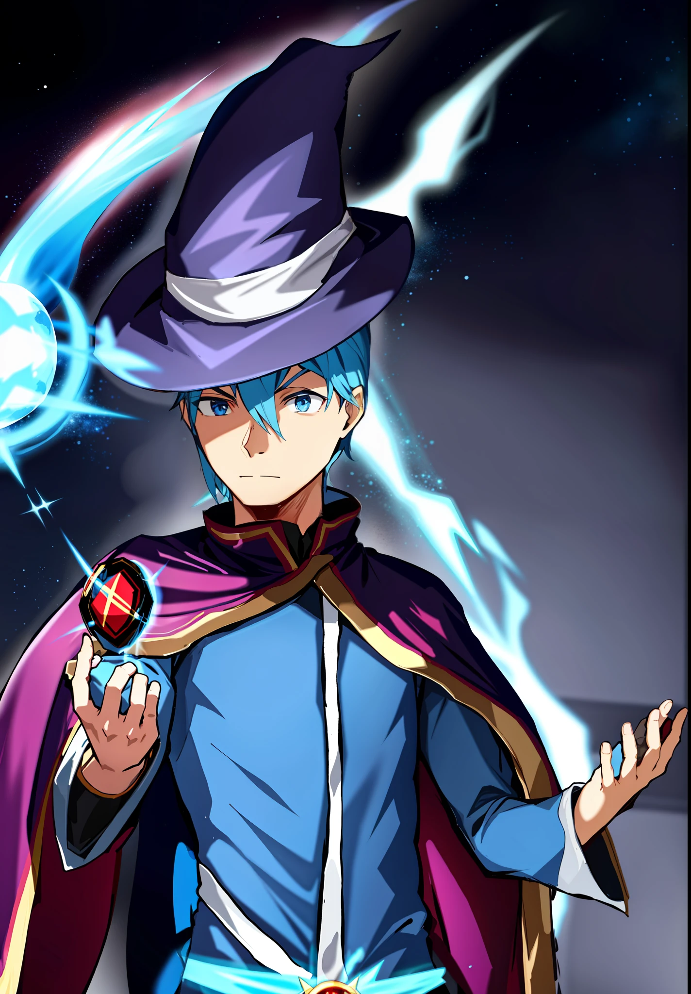 a drawing of a man in hat and cape, wizard pondering his orb, t-pose of wizard, half summoner half megumin, holding a pose of prudishness, t-pose of male mage, a sorceress throwing a ball of energy, young wizard, pose gesture of prudishness, character with a hat, an arcane mage casting a spell, bright light blue hair, light blue eye,dark blue hat being illuminated by the sun,dark blue robe,light blue cumplida sleeve brusa