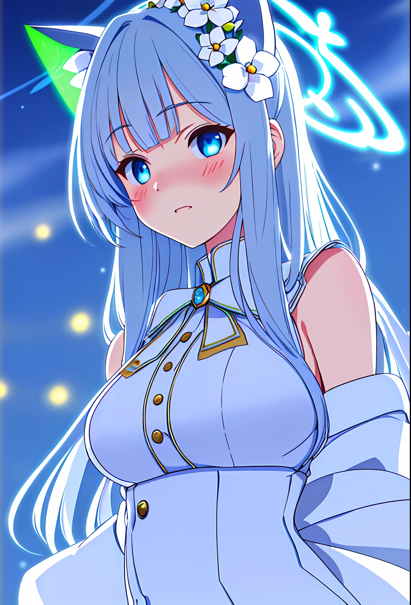 (sunaookami shiroko:1.2), {{{{masterpiece, extremely detailed, intricate details, soft focus, 8K, highres, depth of field, absurdres, high quality facial shadowing, dynamic shadowing, extreme shaders, cinematic lighting, perfect lighting, soft lighting, hazy lighting, blurry foreground, lens flare}}}}, best quality, asian qualities, {front view}, (solo:1.2), (beautiful young girl:1.3), high school girl, {{{extremely detailed girl, perfect anatomy, perfect body}}}, (detailed neon angel halo:1.4), bright blue double halo, (beautiful-detailed hair:1.3), dark silver hair, luscious curly hair, (hair splayed out:1.2), beautiful-detailed facial structure, detailed beautiful face:1.3, sexy face, cute face, slender facial structure, (detailed face:1.33), (beautiful-detailed eyes:0.7), big eyes, (detailed eyes:1.2), glowing bright blue eyes, cat eyes, (detailed cat ears:1.3), neon silver blue cat ears, (detailed wings:1.4), small white angel wings, (detailed boobs:1.3), small size boobs, (detailed facial expression:1.1), shy, slightly open mouth, detailed red blush, shy hand gesture, (detailed hair ornament:1.3), (white flower side hair ornament:1.3), (winter school uniform:1.3), beautiful-detailed pure white off-shoulder fluffy school jacket, (detailed sun-dress:1.3), beautiful-detailed white strapless plain short dress, detailed a-line skirt, winter night, (enhanced background:1.4), snow falling at midnight with clear skies overhead, snow on sidewalks with Christmas lights on tree's surrounded the viewer, (cowboy shot:1.1), hazy photo, (warm photo:1.3)