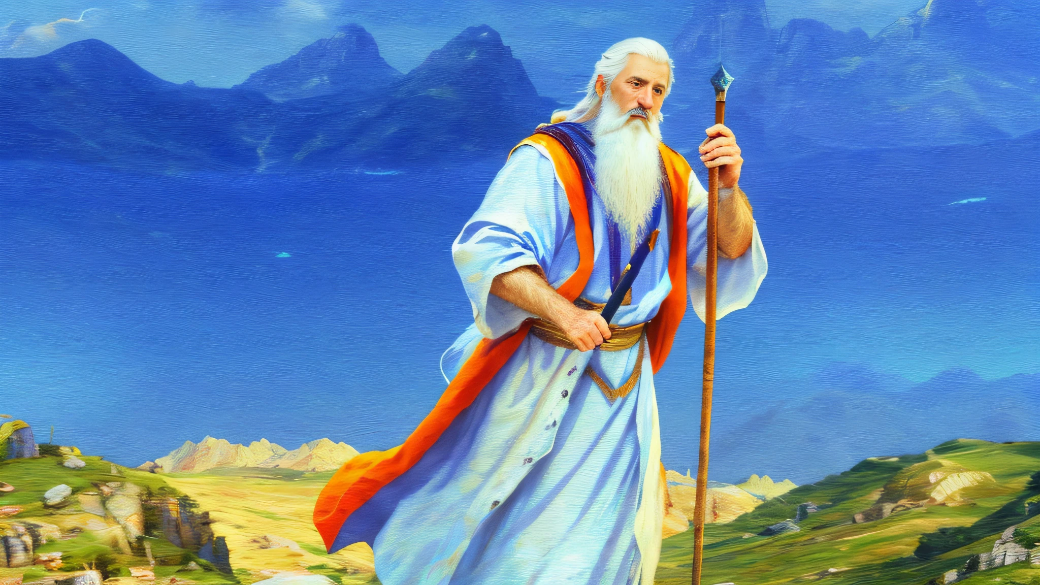 Photo Raw, (realistic), (masterpiece), (best quality), [(perfect eyes high details)], [(hands high details)], there is a handsome old male man with a right hand staff, (skin high details), Noah, with white hair and beard with looking forward, walking, background mountains, epic biblical representation, 8k, UHD, cinematic lighting, --s2