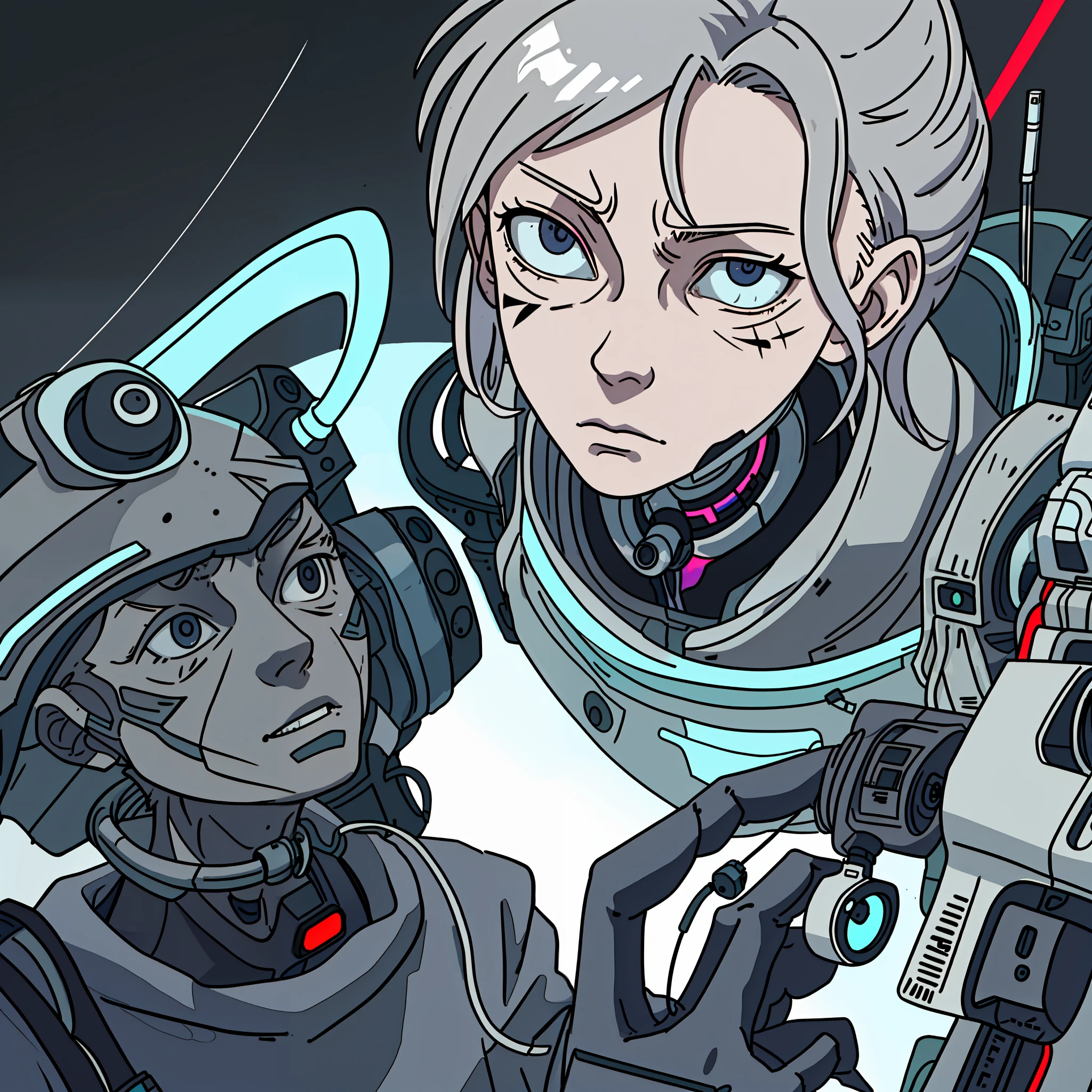 realistic, (flat color: 1.4), hospital, intensive care unit, adolescent, thin, gray hair, asymmetrical hairstyle, (cybernetic prosthesis of left hand), detailed scars, scars, high quality, high detail, realism, hyperrealism, correct anatomy, masterpiece, cyberpunk, manga, manga style, monochrome