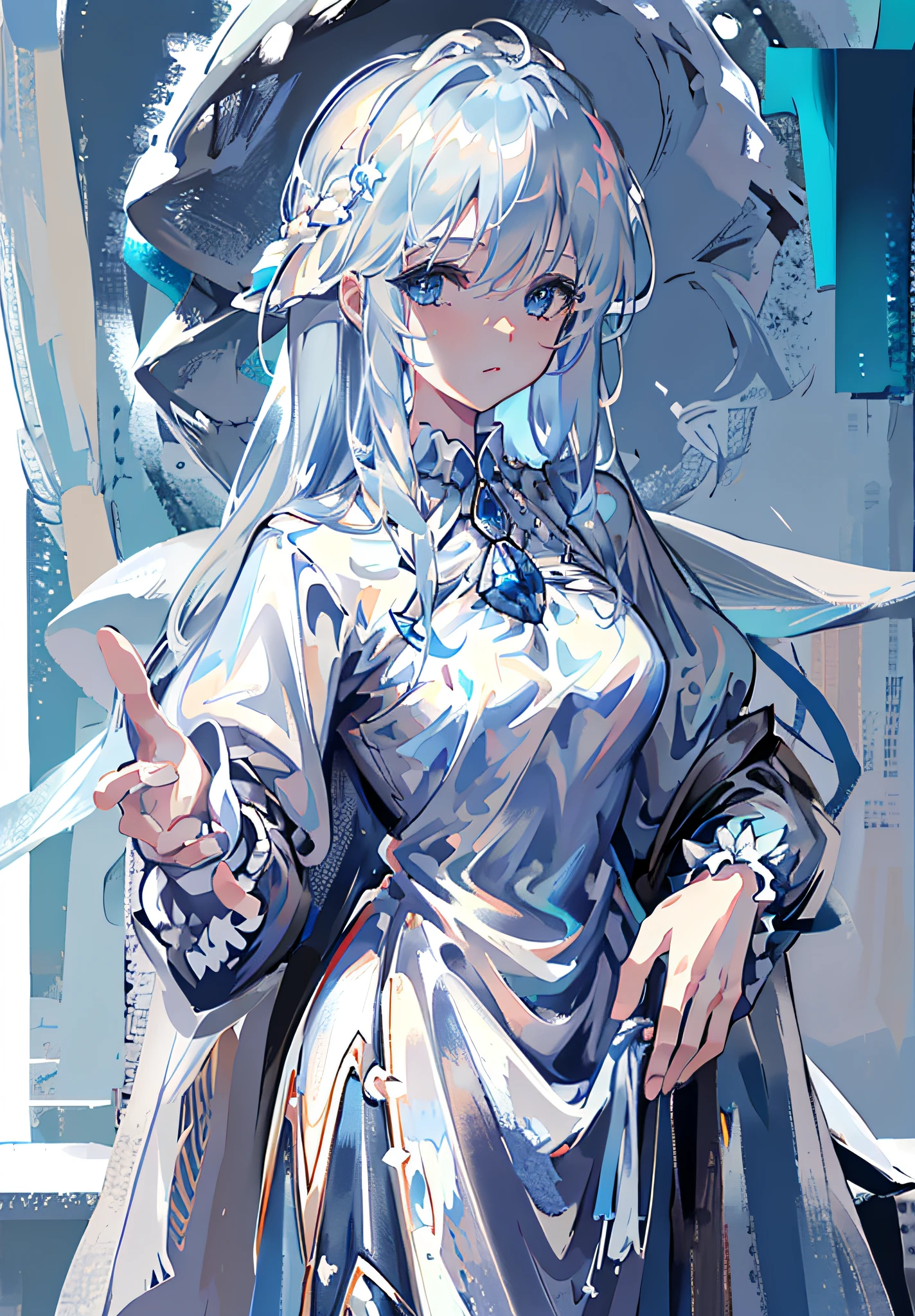 masterpiece, highly detailed, Best quality,(GiselleGewelle:1.3), ultra high res,1boy, portrait,(white_shirt, blue_eyes, long_hair, white_hat, beatle,:1.2),solo