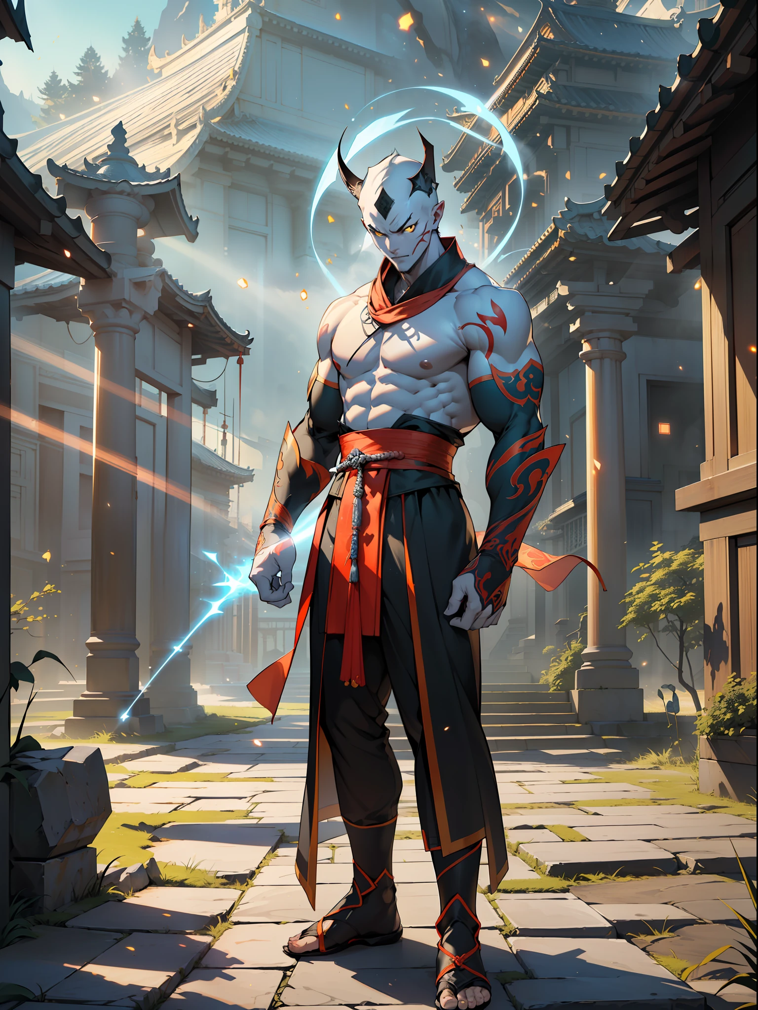 (extremely detailed 8k wallpaper:1.2), (best quality:1.2), sharp focus, (subsurface scattering:1.1), award-winning photography, ((full body shot:1.1)), centered face, white rakshasa dressed as white ninja, yellow eyes:1.2, fighting pose, (((particles of light energy shining on the whole character))) (standing in front of oriental monastery:1.3), (very detailed background:1.2), Dramatic lighting, SFW