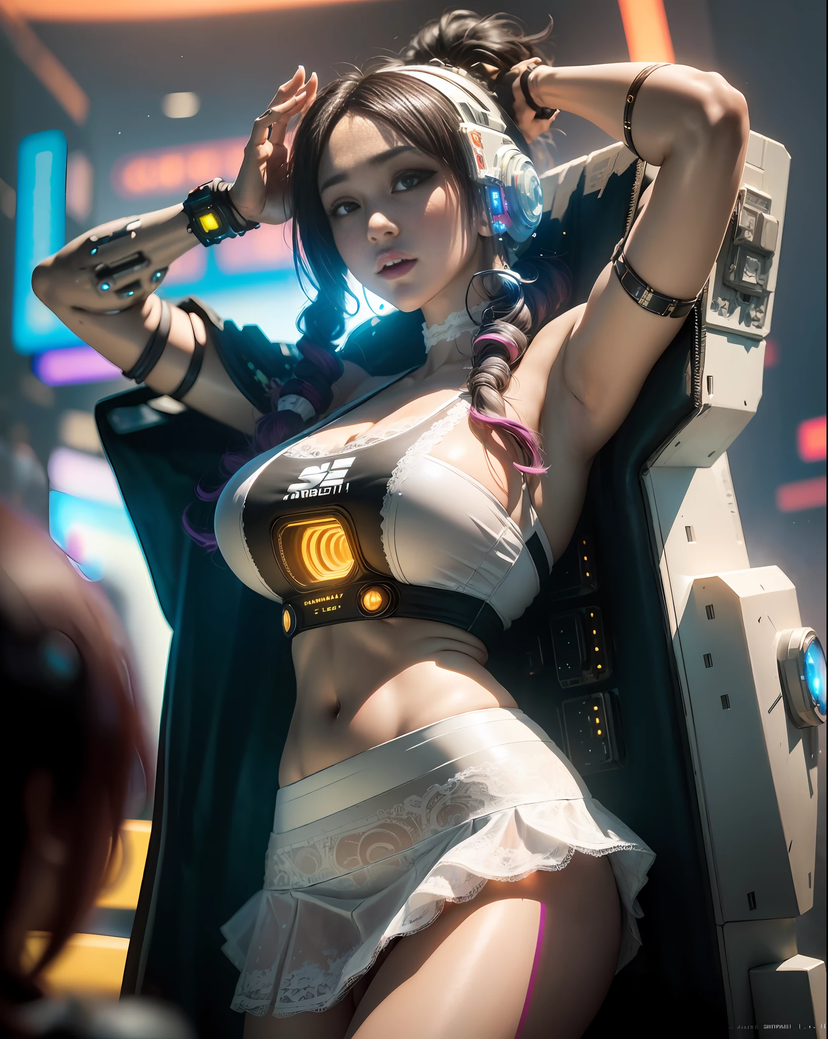 ((Best quality)), ((masterpiece)), (highly detailed:1.3), 3D, beautiful, (cyberpunk:1.6), in space, nebula, (holding_weapon:1.3), laser, (1Female mecha:1.3), sexy body, facing the audience, Glowing eyes, full body, (flying, swooping down, dynamic, motion blur: 1.4), (huge mech wings: 1.6), looking up, glowing_eyes, mecha, panorama, background is earth, nebula, space, particles, Reality, HDR (High Dynamic Range), Ray Tracing, NVIDIA RTX, Super Resolution, Unreal 5, Subsurface Scattering, PBR Textures, Post Processing, Anisotropic Filtering, Depth of Field, Maximum Clarity and Clarity, Multilayer Textures, Albedo and Specular maps, Surface shading, accurate simulation of light-material interaction, perfect proportions, Octane Render, two-tone lighting, large aperture, low ISO, white balance, rule of thirds, 8K RAW, efficient sub-pixel, sub-pixel volume product,  (best quality),(Japanese:0.5),(korean:0.8), (Liu Yi Fei:1.5) long hair, (big breast:1.2),(underboob:1.5), (white transparent lace mini skirt:1.5)