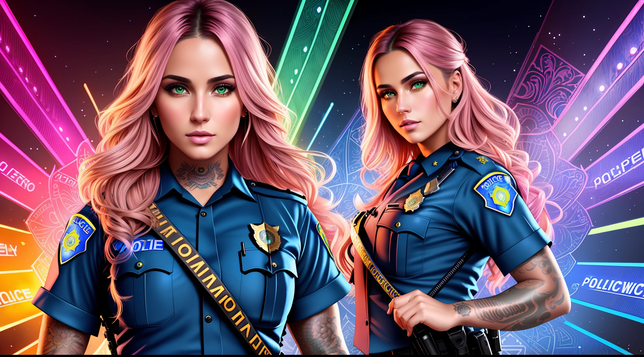 tattooed Teddi Mansueto, full body potrait of a photorealistic beautiful woman, (policewomen:1.6), intense coloration fantasy, light hair, a stunning realistic photograph 20 years , random colored hair,  (police uniform fashion:1.3), random color eyes, full body, cover, hyperdetailed painting, luminism, octane render, Bar lighting,  complex, 8k resolution concept art portrait by Martina Fačková and Prywinko Art, Artgerm, WLOP, Alphonse Mucha, Tony Taka, fractal isometrics details bioluminescence,  hypereallistic cover photo awesome full color, hand drawn, bright, gritty, realistic pink green yellow blue red, davinci, erte .12k, intricate. hit definition , cinematic,Rough sketch, mix of bold dark lines and loose lines, bold lines, on paper , real life human