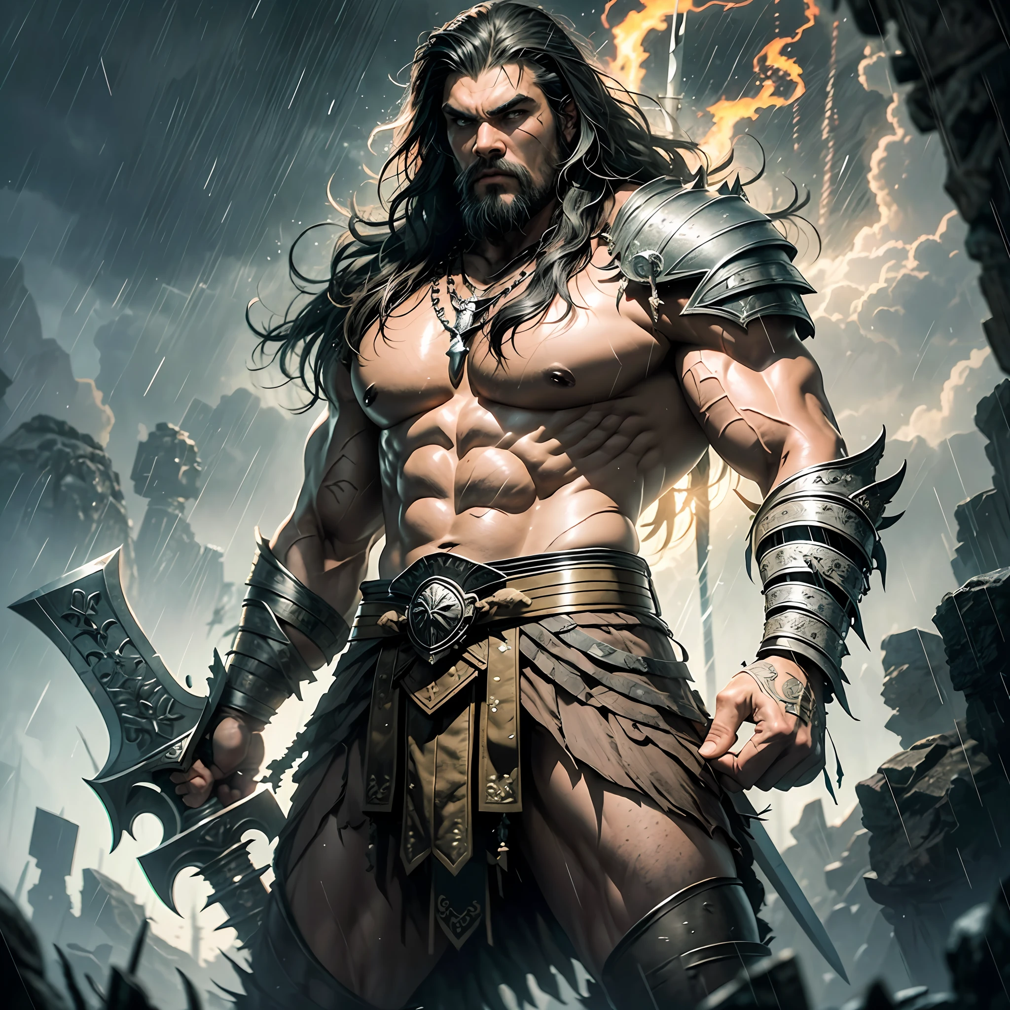 a angry man with a sword standing in front of a Rain, male barbarian, barbarian warrior, barbarian class, barbarian, fire giant, heroic fantasy character concept, jason momoa as conan, epic fantasy character art, masculine muscular figure, heroic fantasy art, conan the barbarian, muscular character, heroic masculine , muscular masculin --auto --s2