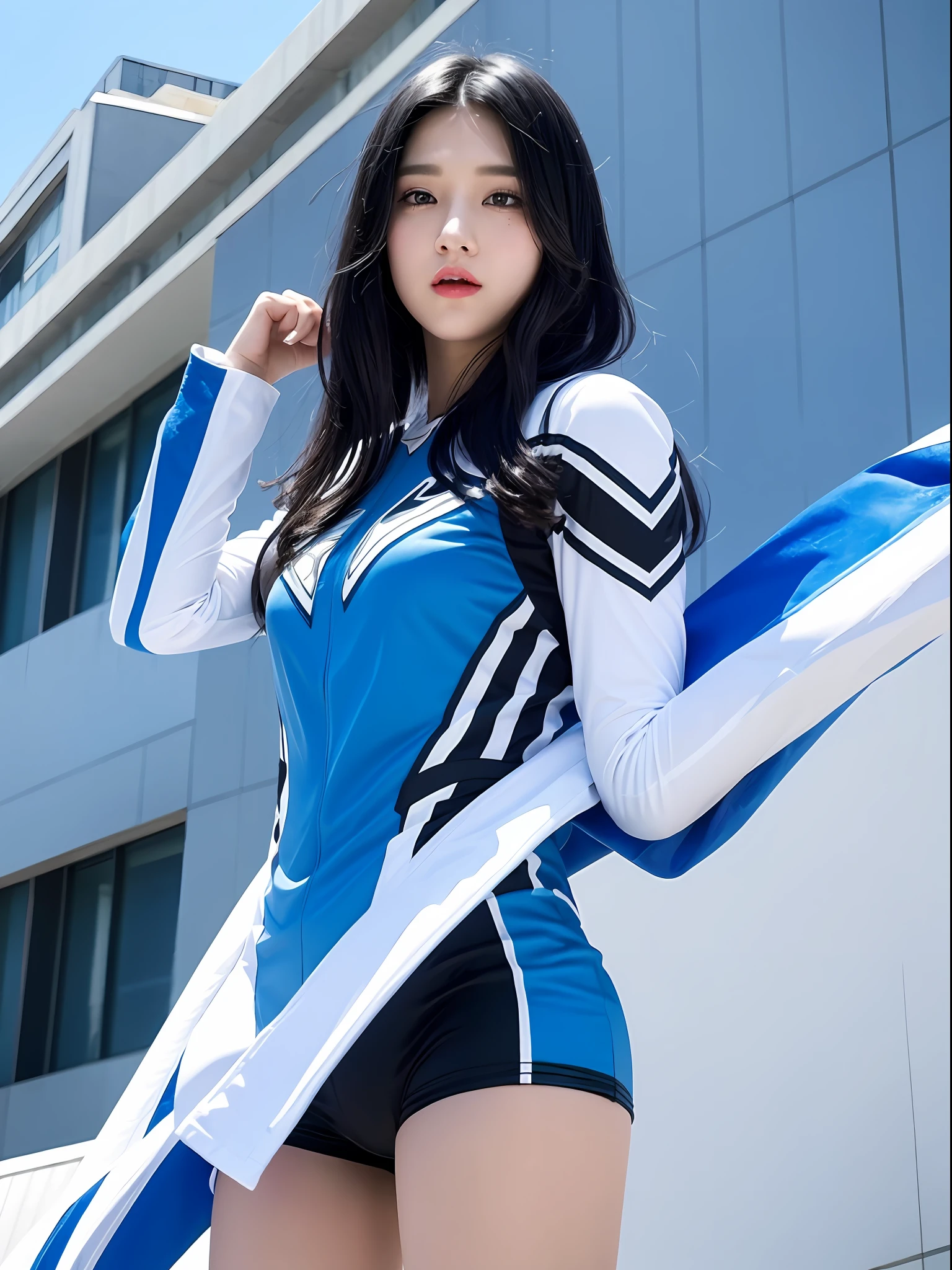 A girl with medium black hair with cool blue and white superhero costume with style and a blue and white face also Marvel style fighting up on a building in the sky, can fly and it's daytime