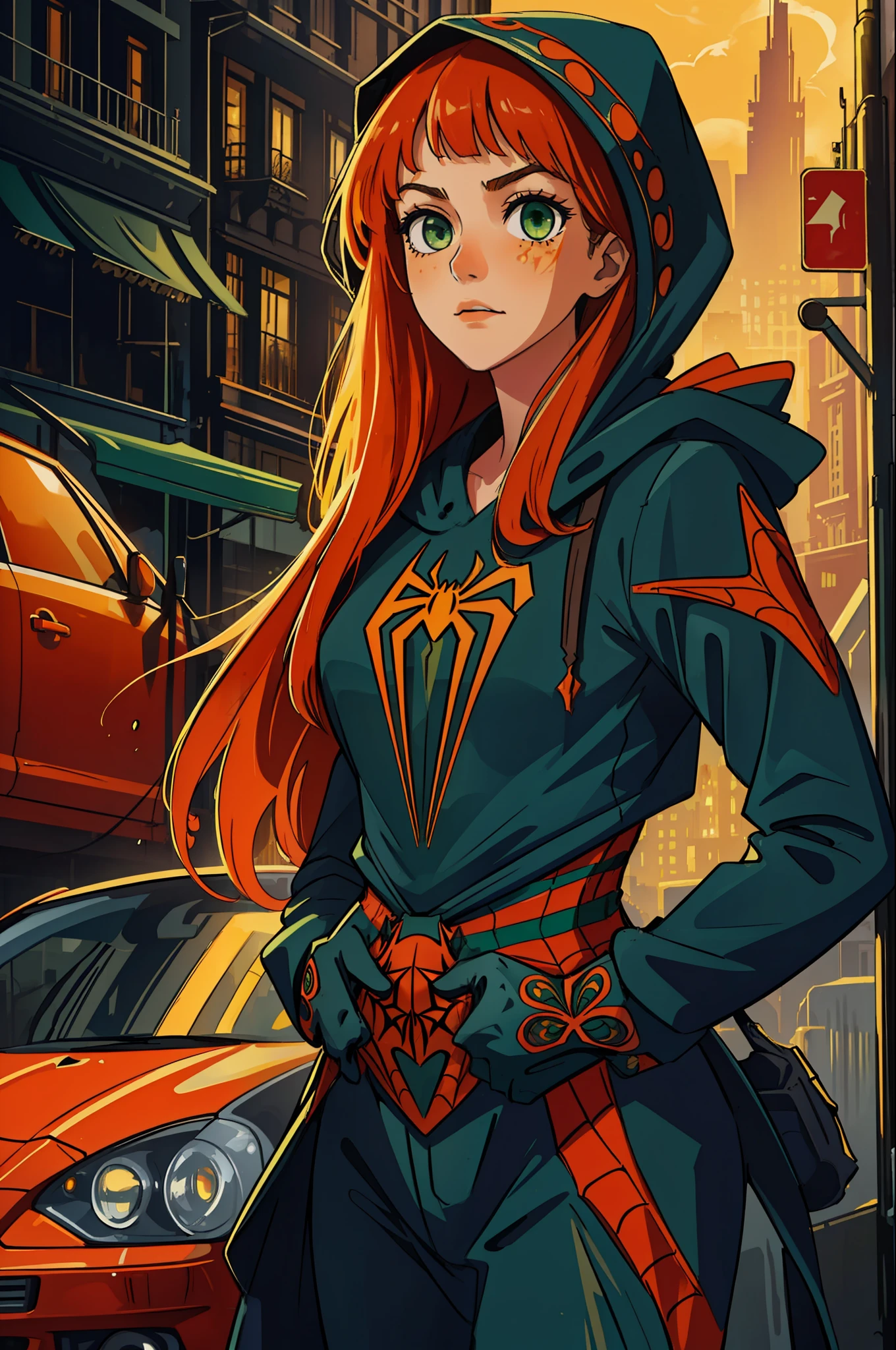 (masterpiece, best quality), intricate details, 8k, artstation, wallpaper, official art, splash art, sharp focus,
1girl, long hair, green eyes, orange hair, 
 spider suit, spider web printing, spider web
skyscrapers, city, buildings, cars, street, spiderman outfit, hood