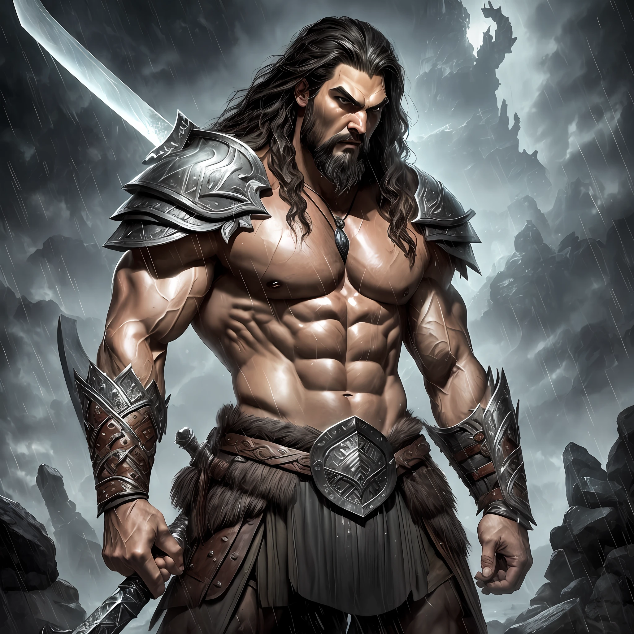 a angry man with a sword standing in front of a Rain, male barbarian, barbarian warrior, barbarian class, barbarian, fire giant, heroic fantasy character concept, jason momoa as conan, epic fantasy character art, masculine muscular figure, heroic fantasy art, conan the barbarian, muscular character, heroic masculine , muscular masculin --auto --s2