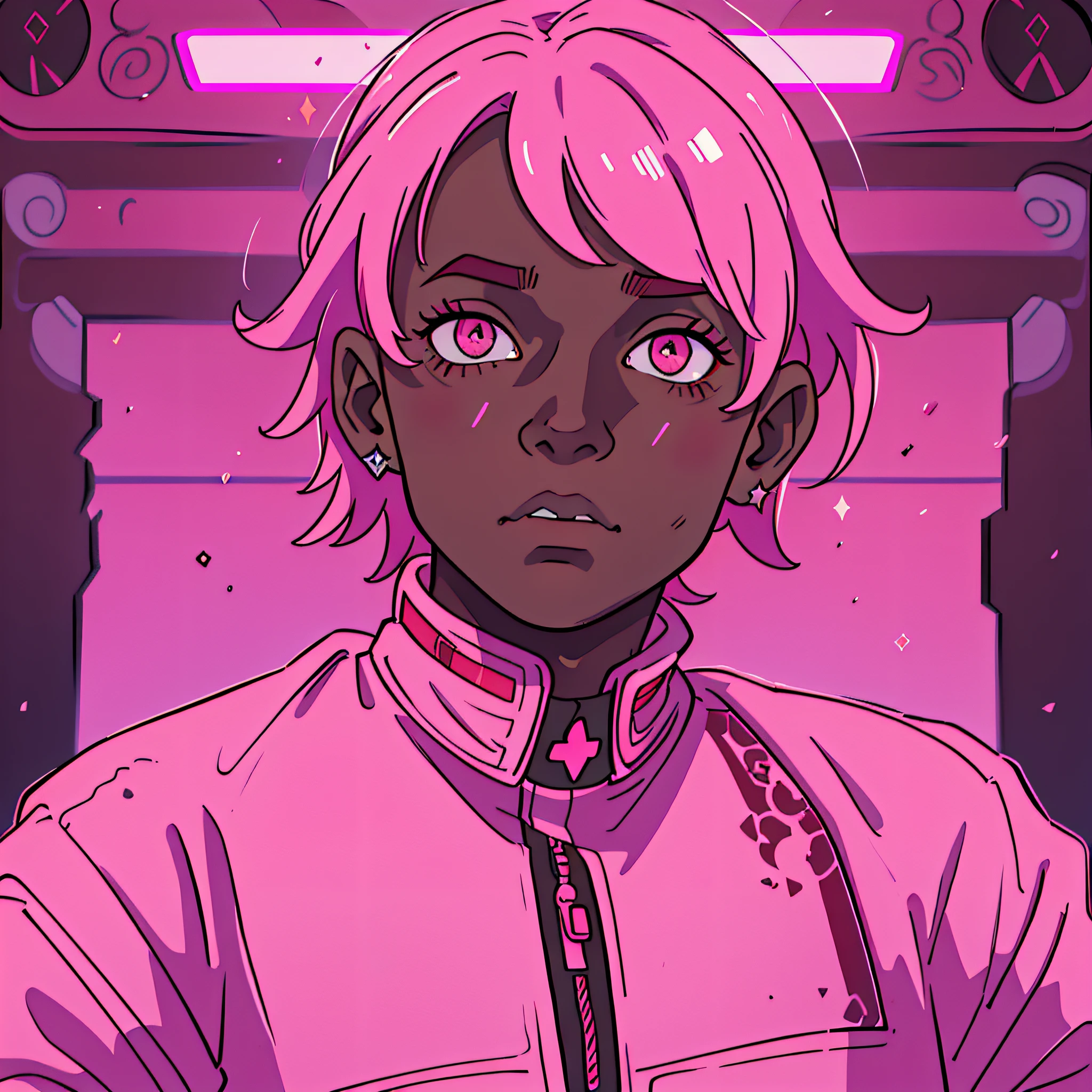 There is a man with a pink jacket and a pink shirt, Lil Uzi Vert, in the movie 2 0 2 1 Dune, ( ( Dark Skin ), Bladee from Drain Gang,i Portrait, With Red Haze, Movie Still from the movie Dune-2021, , in a sequel to Star Wars, Glowing Pink Face