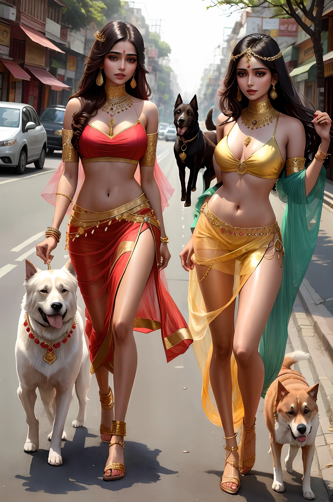 Indian princess show stomach long legs wear jewellers dress type bikini with dogs in street road