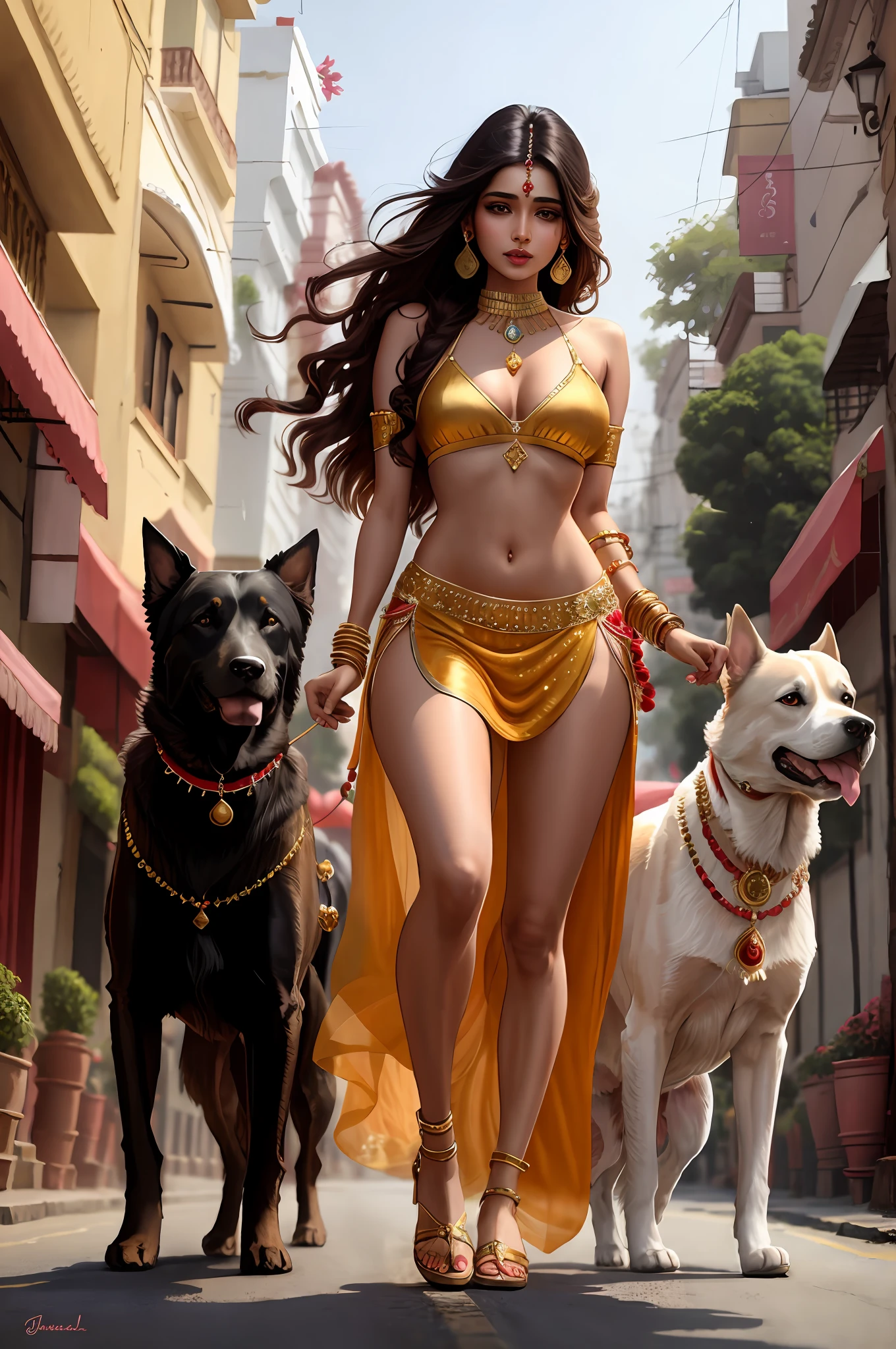 Indian princess show stomach long legs wear jewellers dress type bikini with dogs in street road