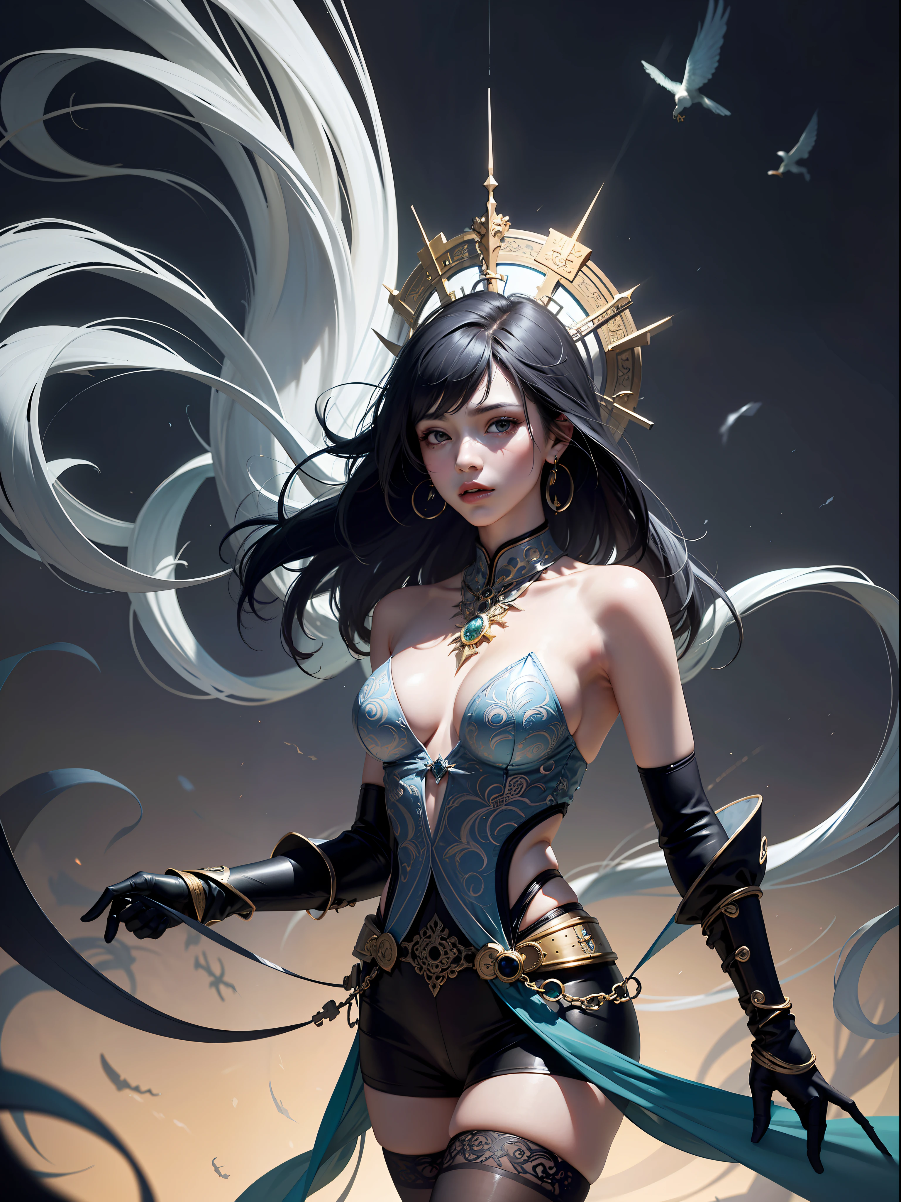 Official Art, Unity 8k Wallpapers, Ultra Detailed, Beautiful and Aesthetic, Masterpiece, Best Quality, (Zentangle, Mandala, Tangled, Entangle), (Fractal Art: 1.3), 1girl, Very Detailed, Dynamic Angle, Cowboyshot, Most Beautiful Forms Chaotic, Elegant, Fauvist Design, Bright Colors, Romanticism, James Jean, Robbie Devi Antono, Ross Tran, Francis Bacon, Michal Mlaz, Adrian Gaini, Petra Cortwright, Gerhard Richter, Takashi Yamamoto, Ashley Wood, atmospheric, ecstatic notes, flow notes visible, earrings, magic, looking straight into the camera, stockings, hips