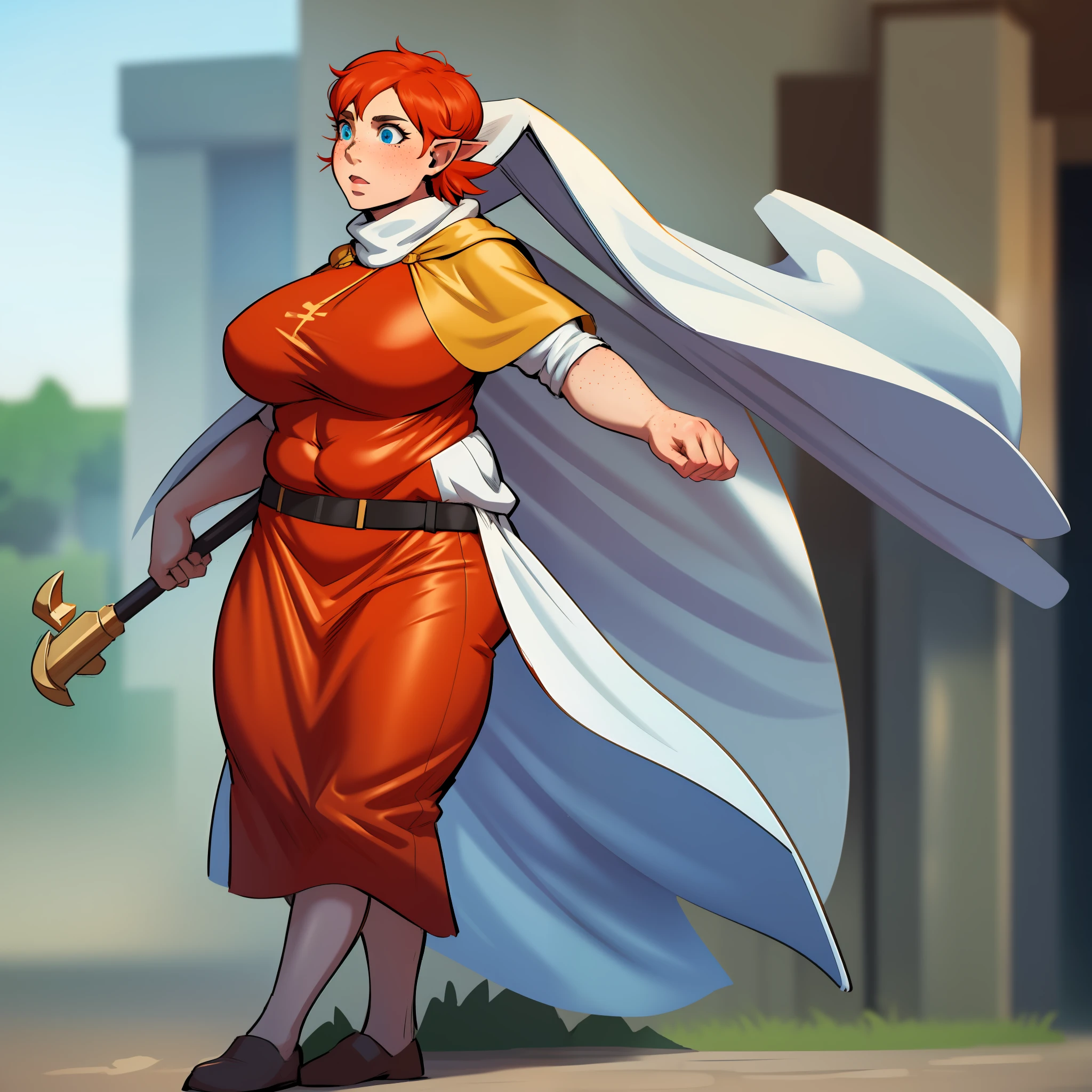 huge chest, tall woman, red hair, nun, priestess, curvy, short hair, tomboy, freckles, portrait,1character, full body,1girl, tall female, solo, solo focus, walking