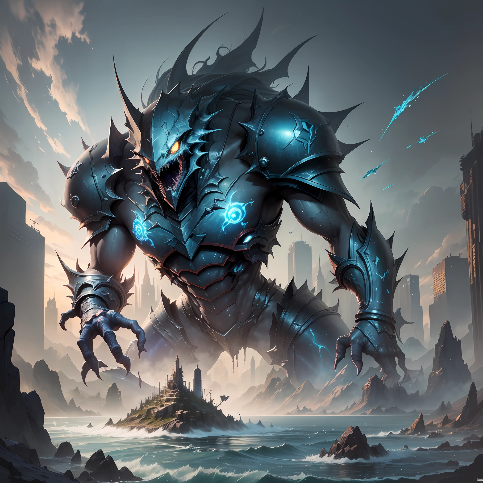 Best Quality, Masterpiece, Extreme Artwork, League of Legends Original Art, 1 Sealed Fish, Water Around Body, Alien, Monster, Ready to Attack State, Sharp, Mysterious, Big Dynamic, Perspective, Focus Clear, Pokemon, Emoticon Pain, Wasteland Punk (Dark Attribute 1.3), Flattened (1.4), Texture, Dark Simple Background --auto --s2