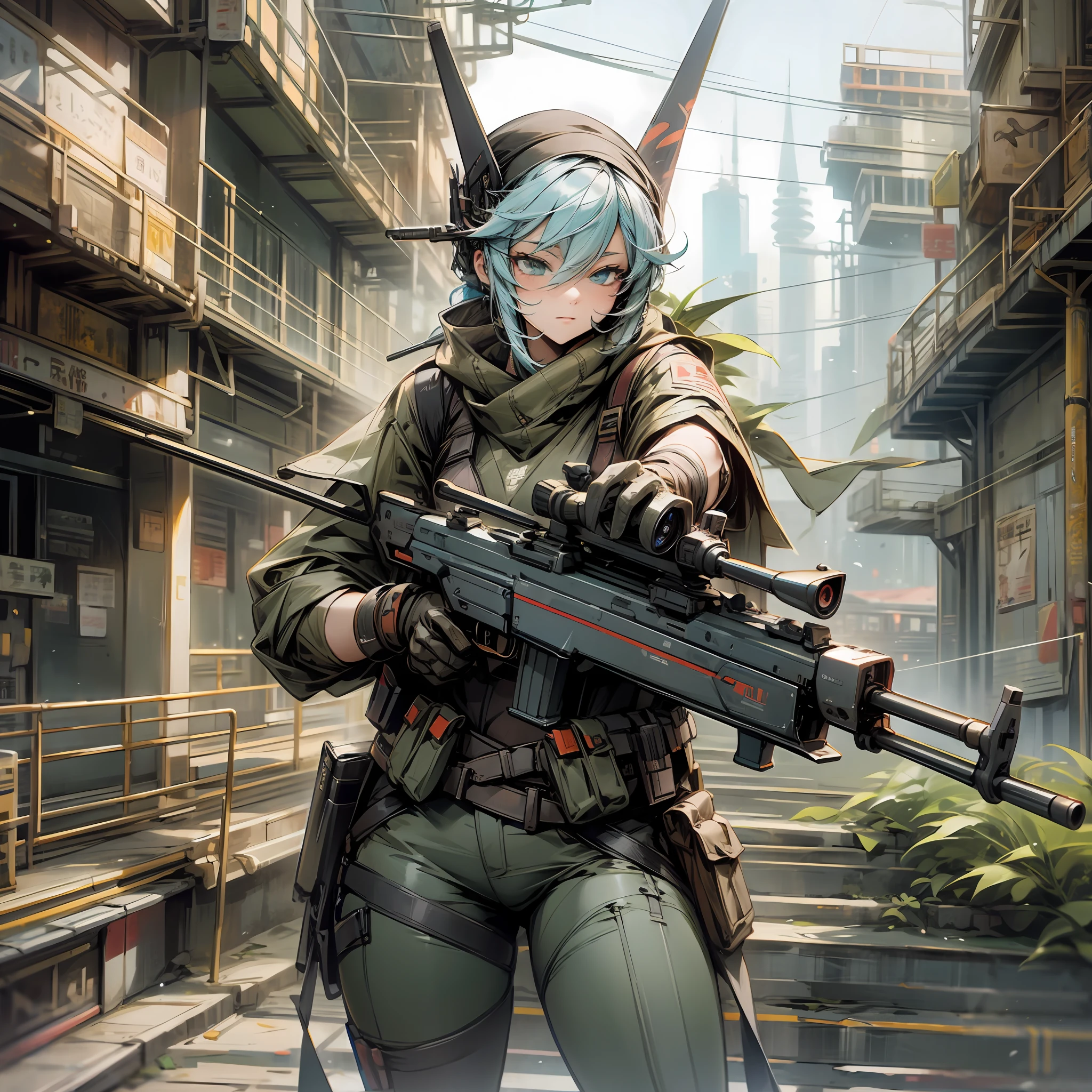 Sniper aiming, futuristic costume, oriental city background, 4k --auto --s2